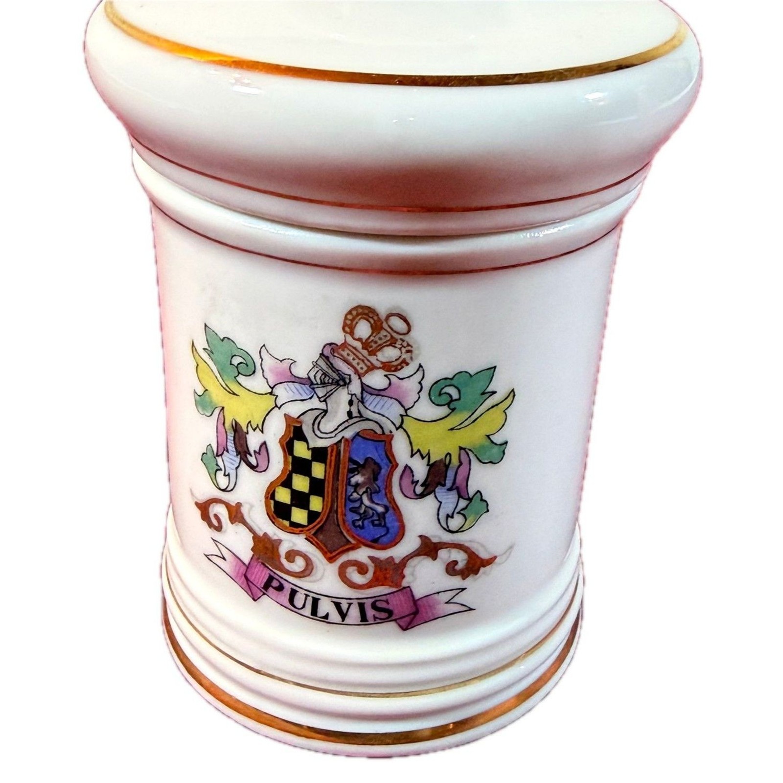 VTG DOM Japan Porcelain Apothecary Jar Pulvis Latin Crest Gold Trim Lidded 5″