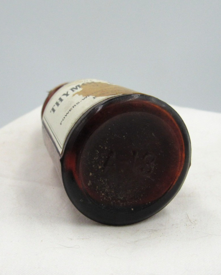 BW – 1890’s Powers Weightman Thymol Powder Philada PA 3 ” Amber Medicine bottle