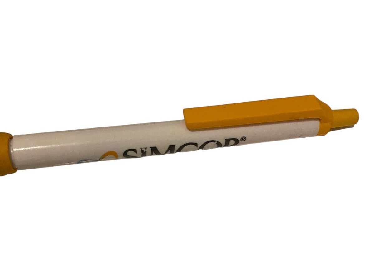Simcor Writing Pen Drug Rep Pharmaceutical Rubber Grip White Yellow Promo