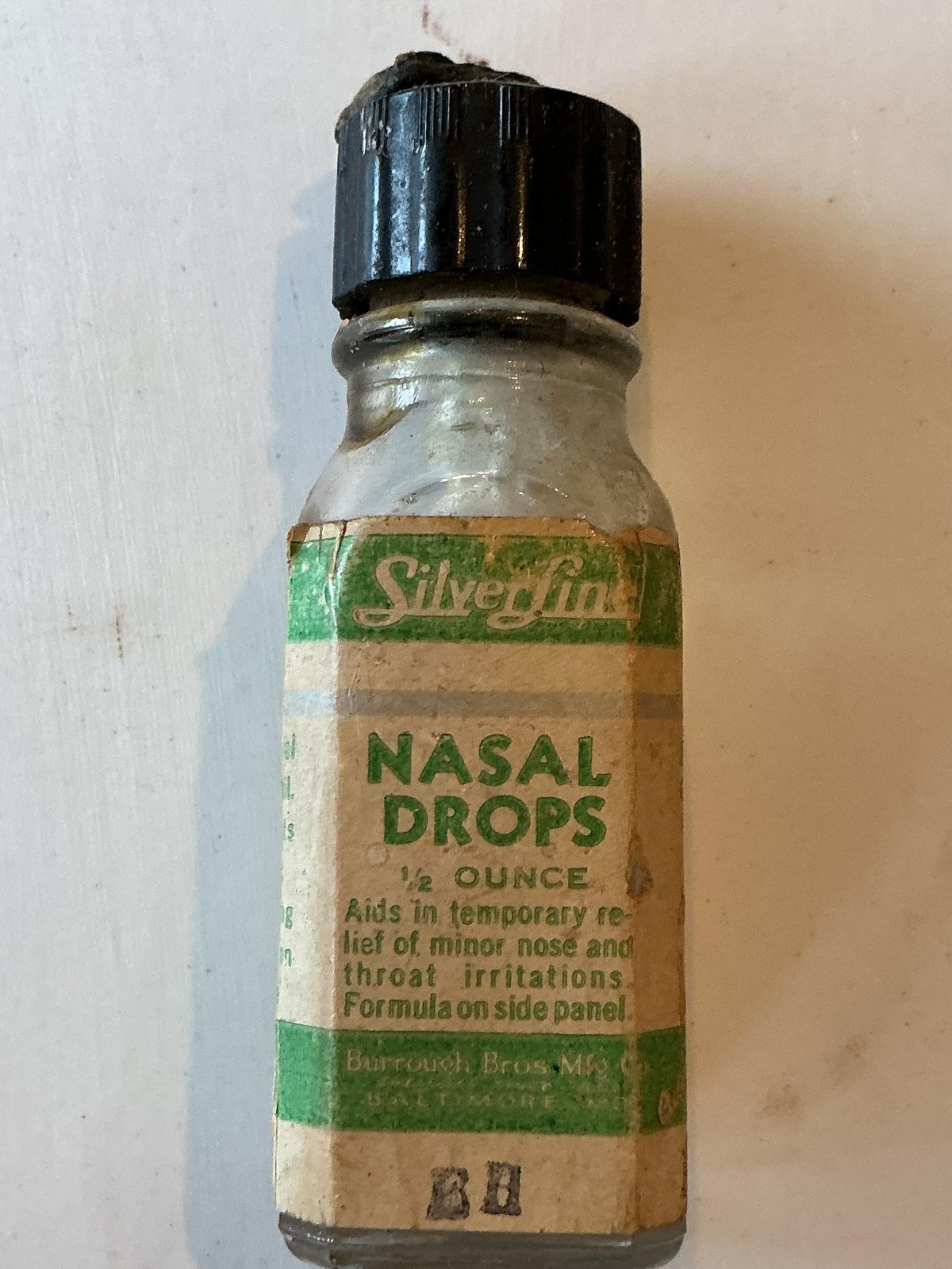 Vintage Silverfin Nasal Drops Bottle 1/2 Ounce Burrough Bros Baltimore USA