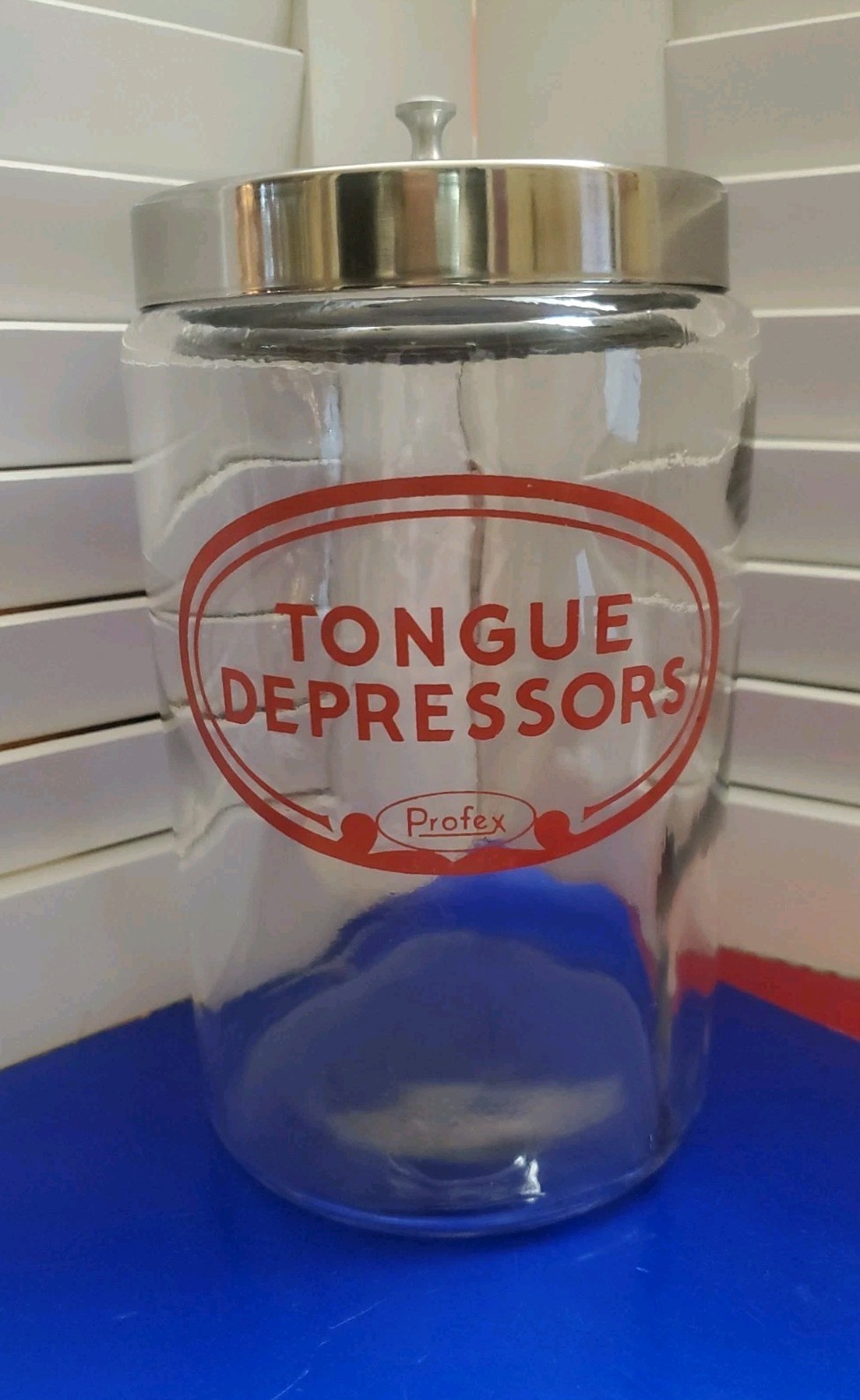 VTG Profex Glass Tongue Depressor Apothecary Jar Metal Lid Medical USA MCM 1950s