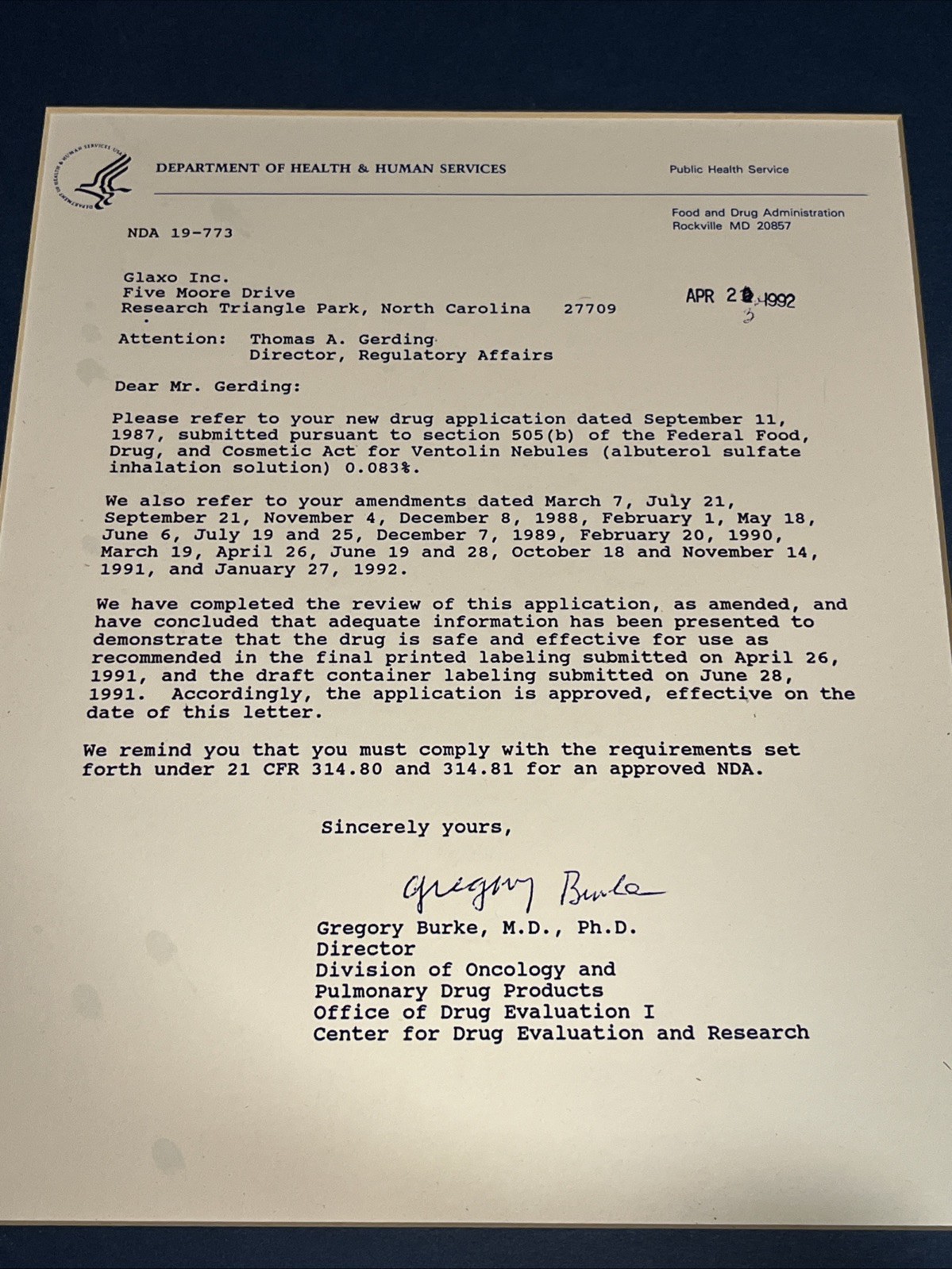 Paper FDA Approval Letter, 11×13 Matted
