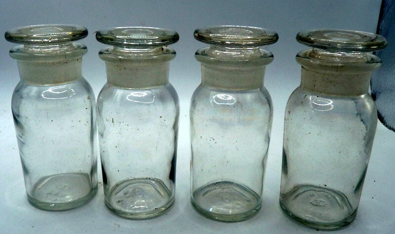 Vintage 4 Apothecary USA Medicine Bottles Jars WITH GROUND GLASS STOPPERS
