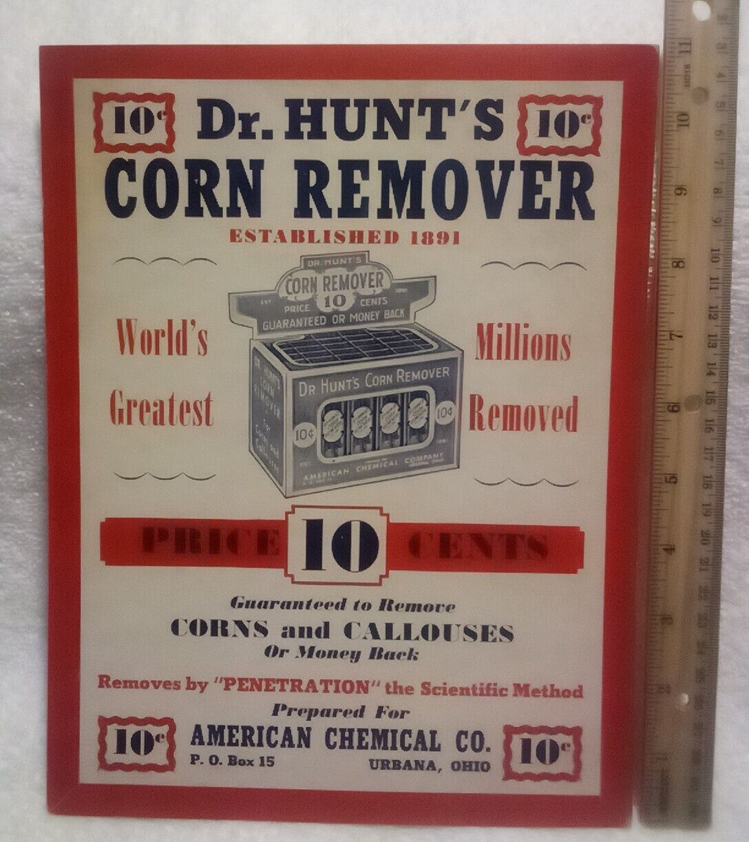 Dr. Hunt’s Corn Remover Vtg Adv Display Poster American Chemical Co. Urbana Ohio