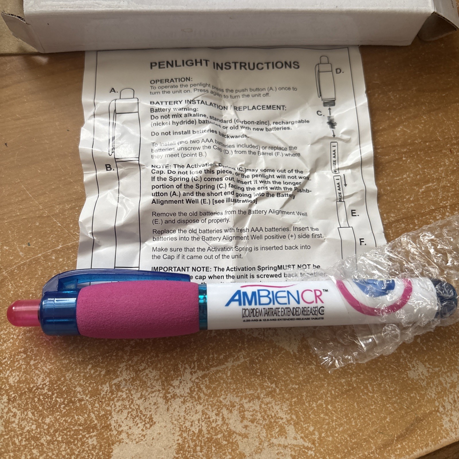 DRUG REP Ambien CR Light PEN Drug Rep Pharmaceutical Collectible New