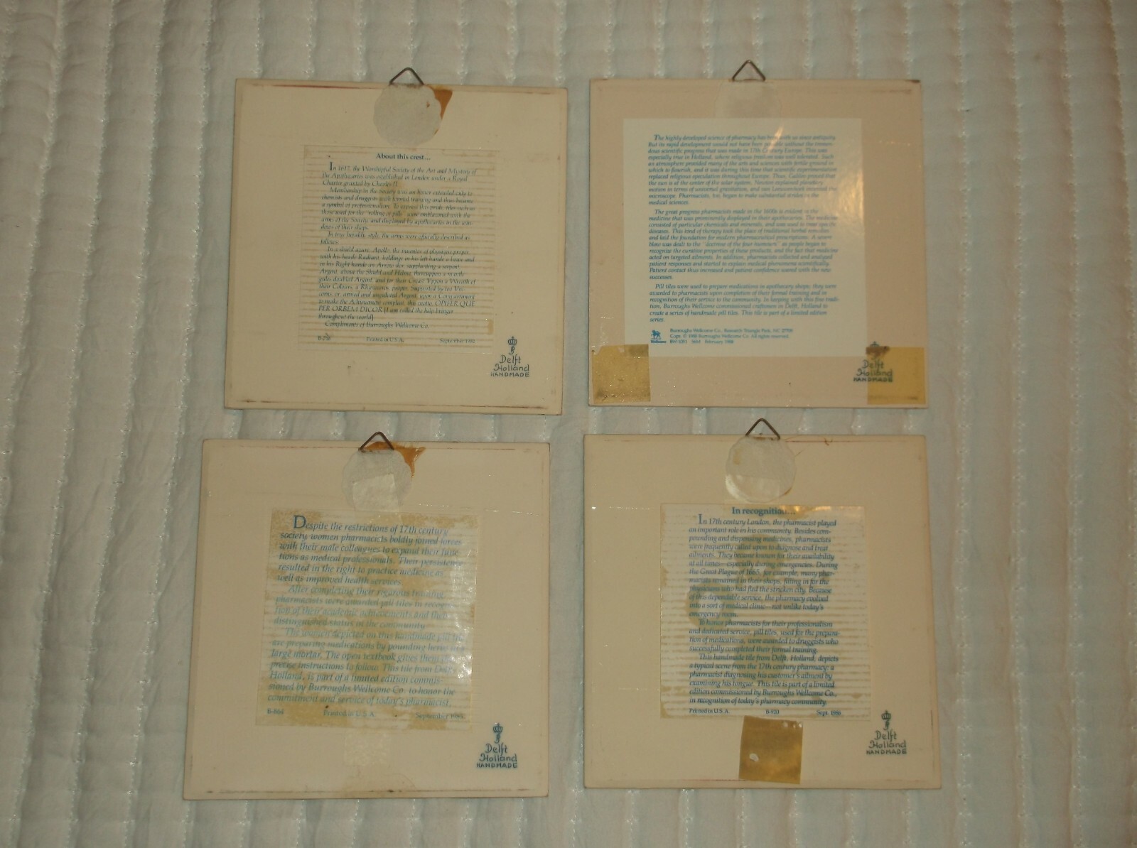 Set of 4 Vintage Delft Holland Handmade 1982, 1985, 1986, & 1988 Pill Tiles