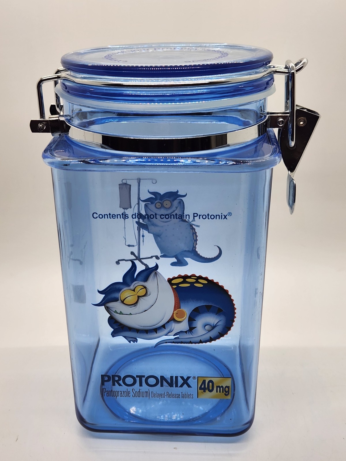 Vintage Pharmaceutical Drug Rep Protonix IV Clear Blue Plastic Canister Jar