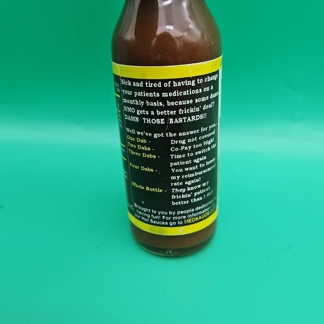 Rare Pharmaceutical Drug Rep Hot Sauce Bottle “Damn The HMO’s” Habanero 5 Oz