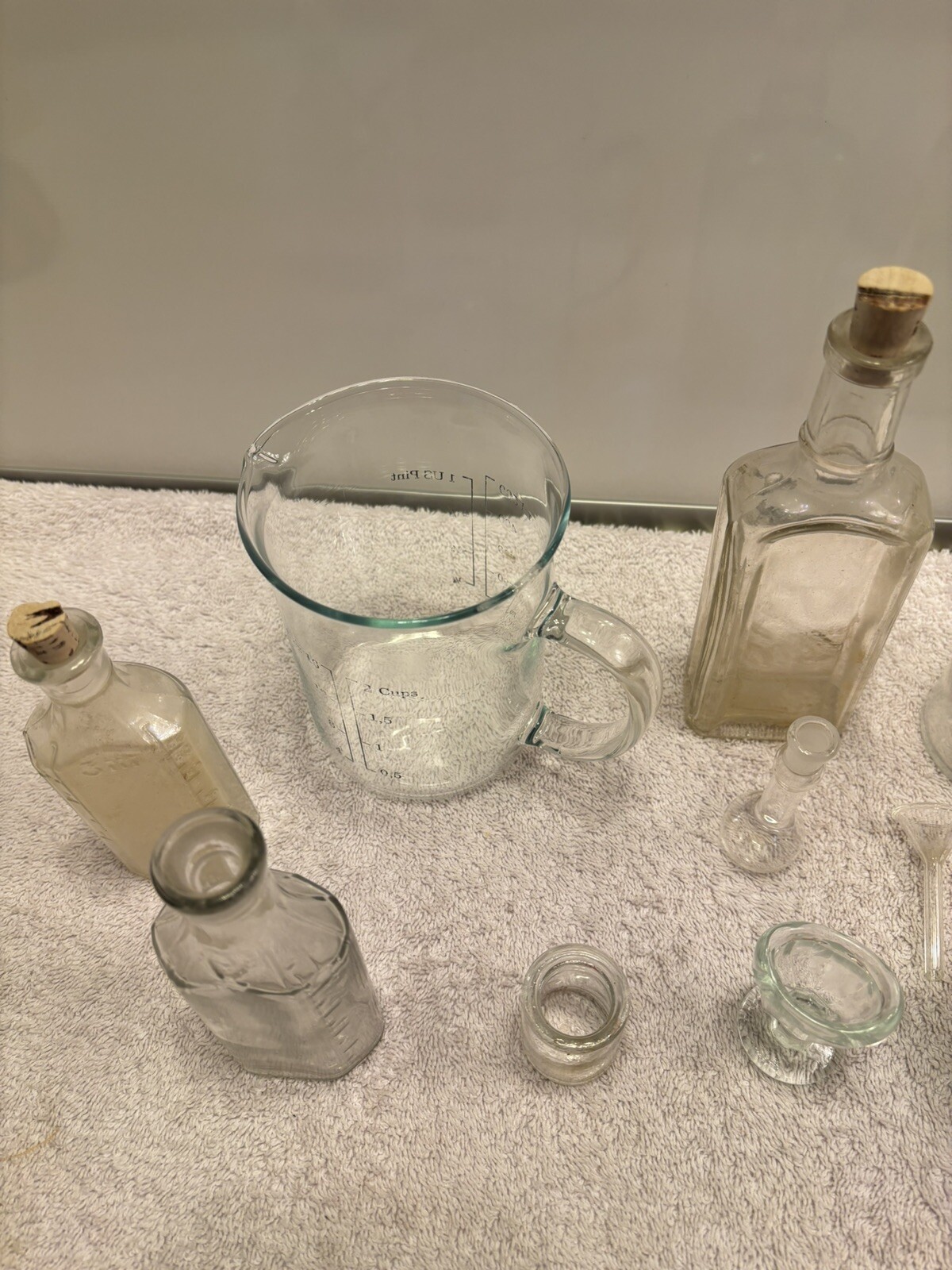 Vintage Pharmacist lot 10 Pcs. Drugstore Bottles And Measuring Cup.
