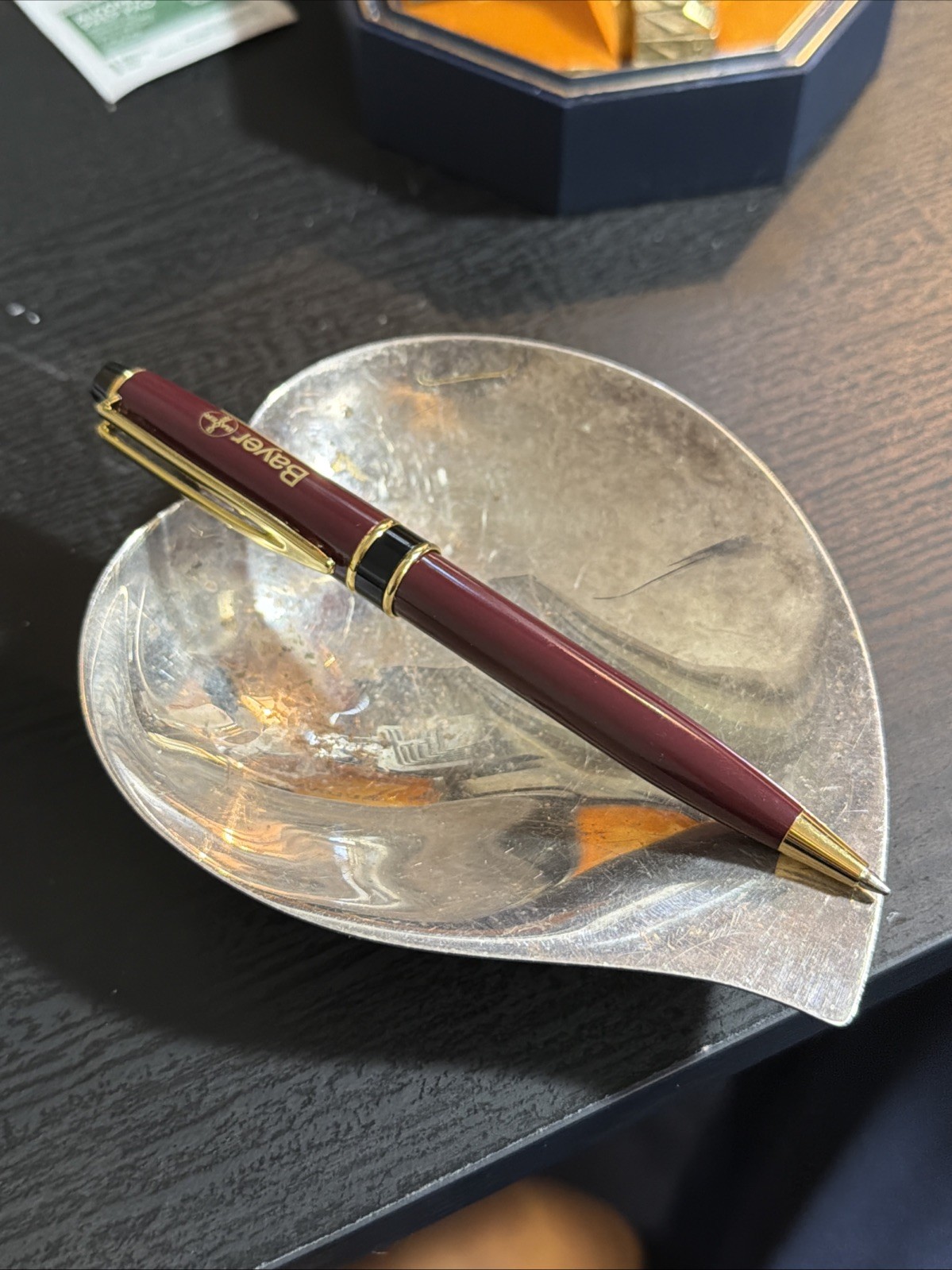Vintage Bayer Pharmaceutical Promotional Ballpoint Pen Burgundy Gold Tone