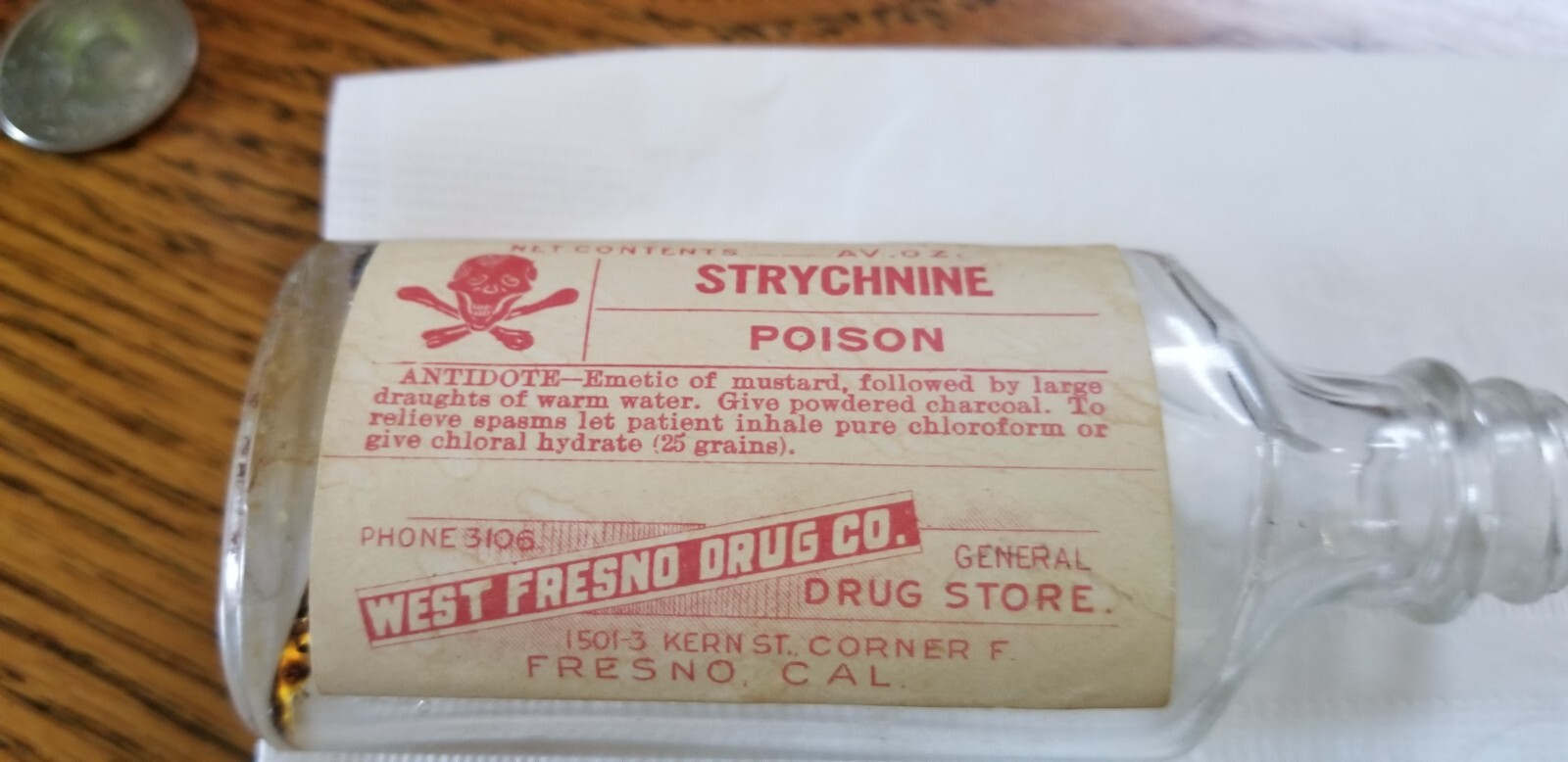 2 West Fresno Drug Company Poison Labels Bottoles Late 1940s Clovis Selma Calif
