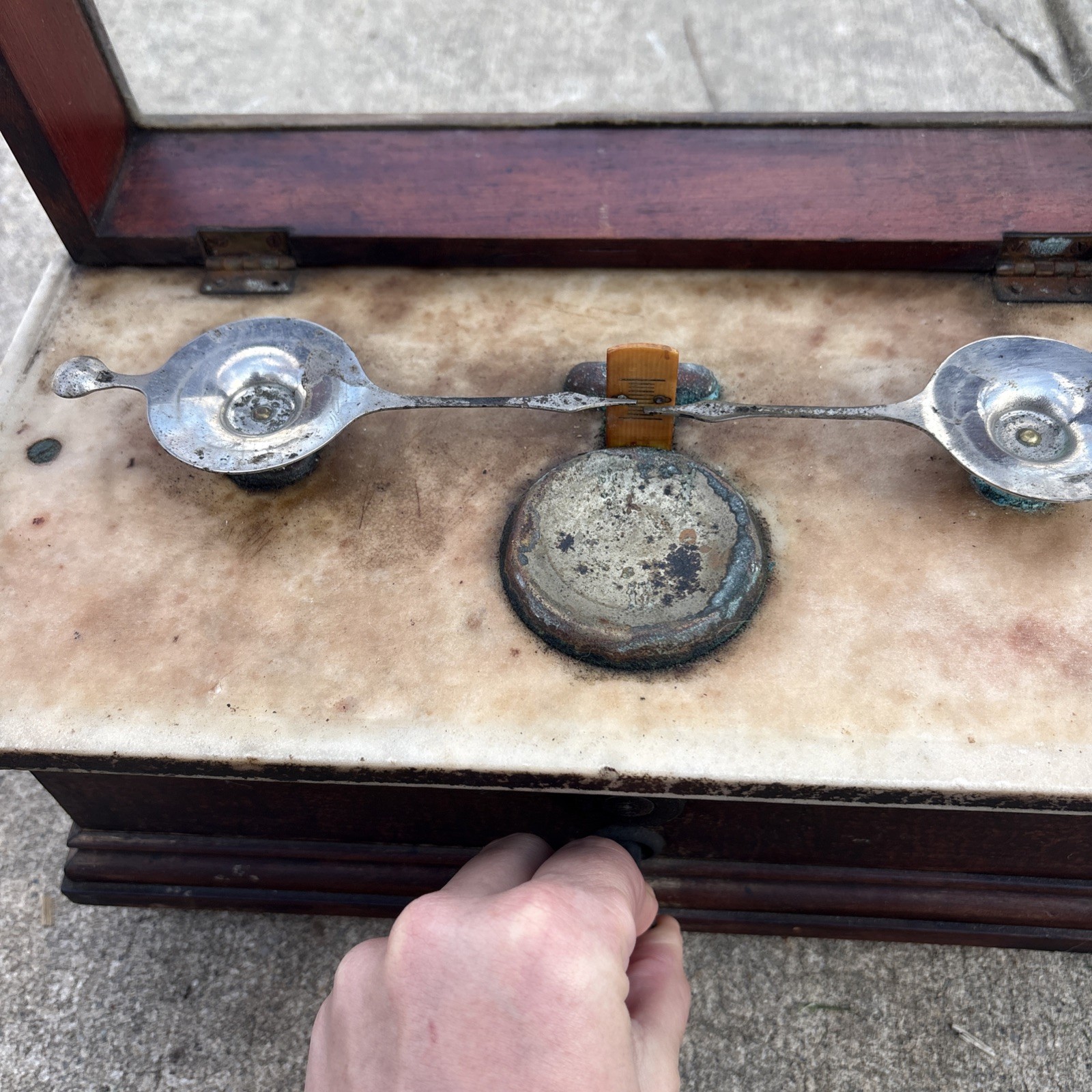 Antique Marble & Wood Apothecary Pharmacist Balance Gold Bouillon Scale Rustic