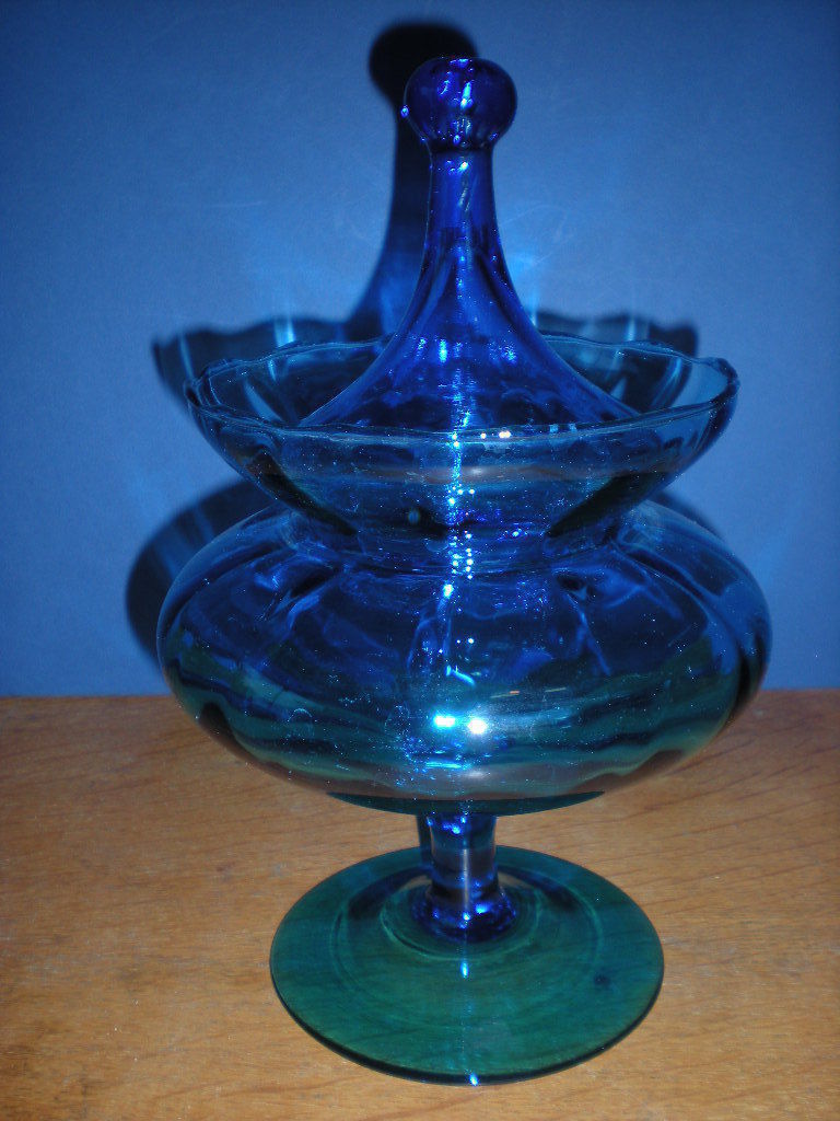 Lg Blue Apothecary Jar Vtg Hand Blown Empoli Italian Canister Circus Tent Lid