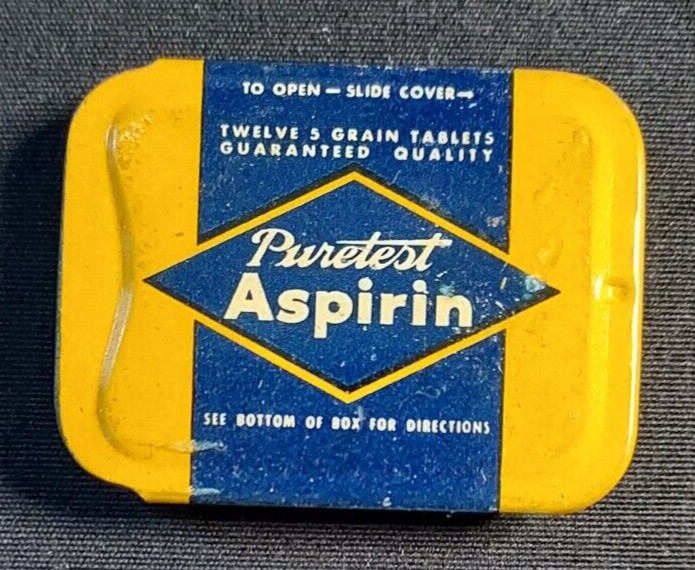 Old Empty Advertising Medicine Tin Puretest Aspirin Rexall United Drug Co Boston