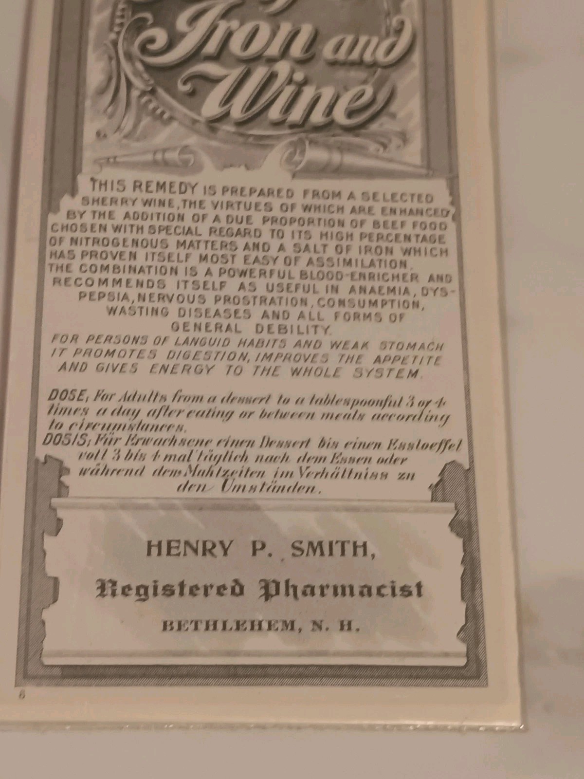 Henry Smith Registered Pharmacist medicine bottle label Wine & Iron Bethlehem PA