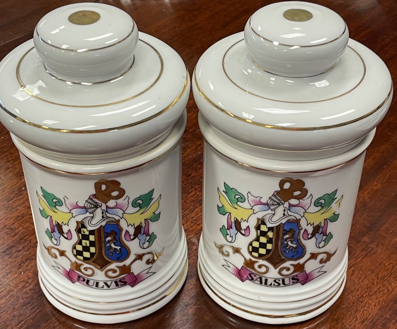 Pair Vintage Porcelain Apothecary Jar Latin Pulvis & Salsus Gold Rim DOM Japan