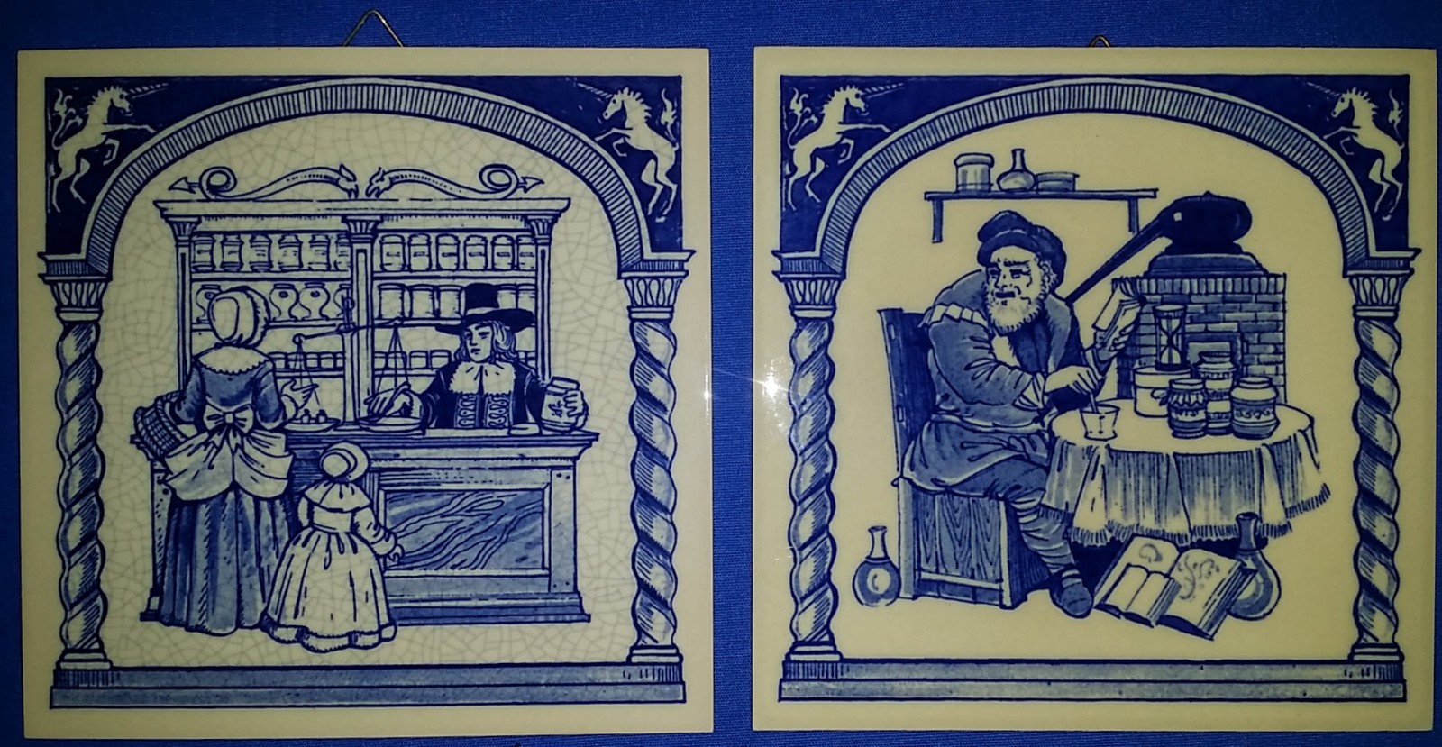 2 BURROUGHS WELLCOME Pharmacy PILL TILES 6″ Square DELFT BLUE 1988 Apothecary