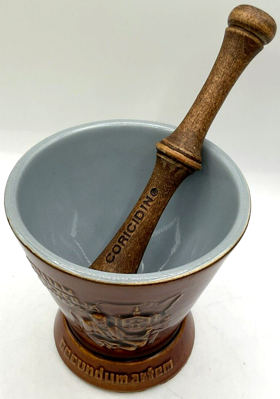Secundum Artem Schering McCoy Ceramic Mortar & Wooden Coricidin Pestle Rx