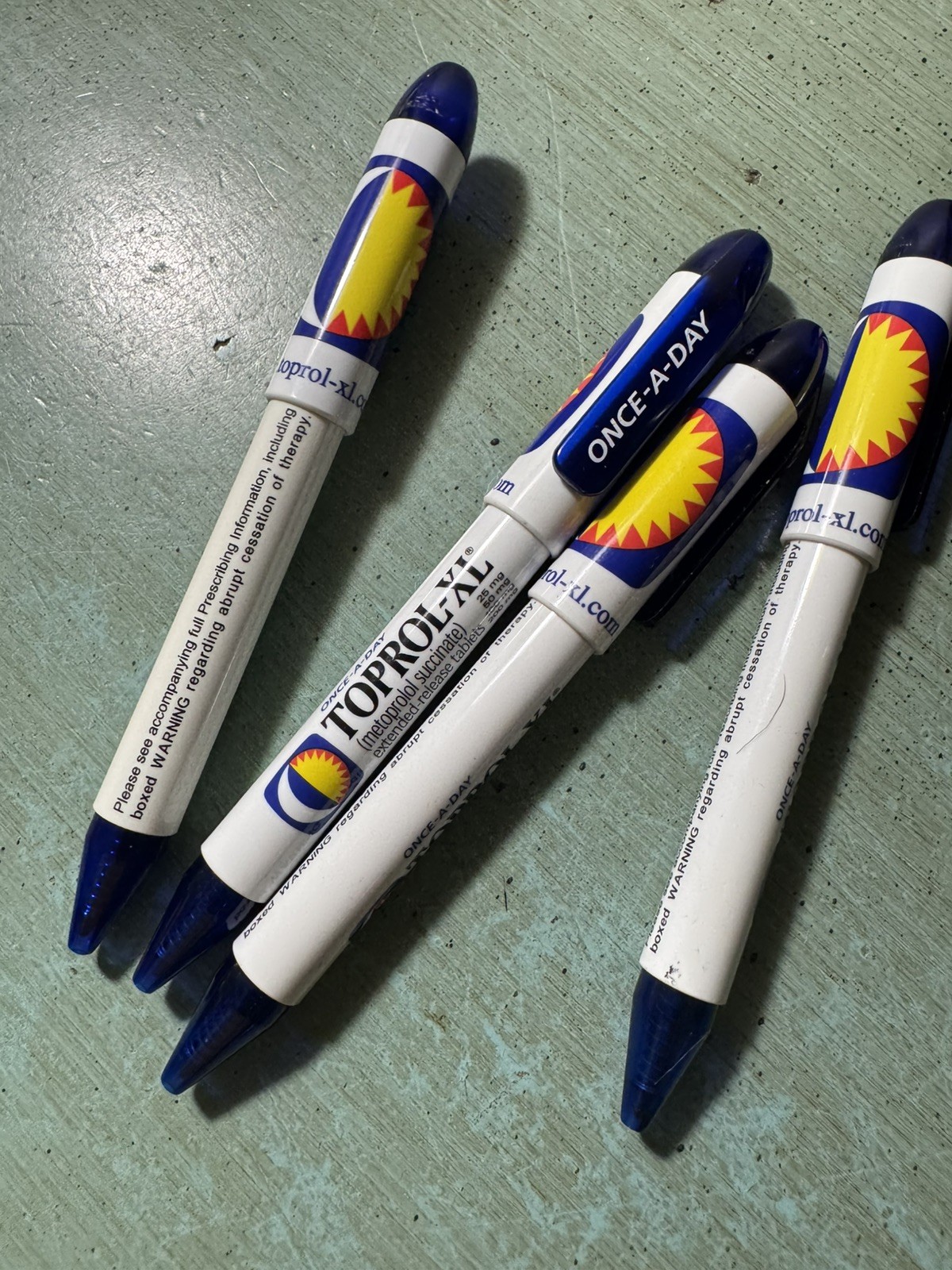 TOPROL-XR PENS: Blue & White, Plastic, Pharmaceutical Promo NEW Lot of 4