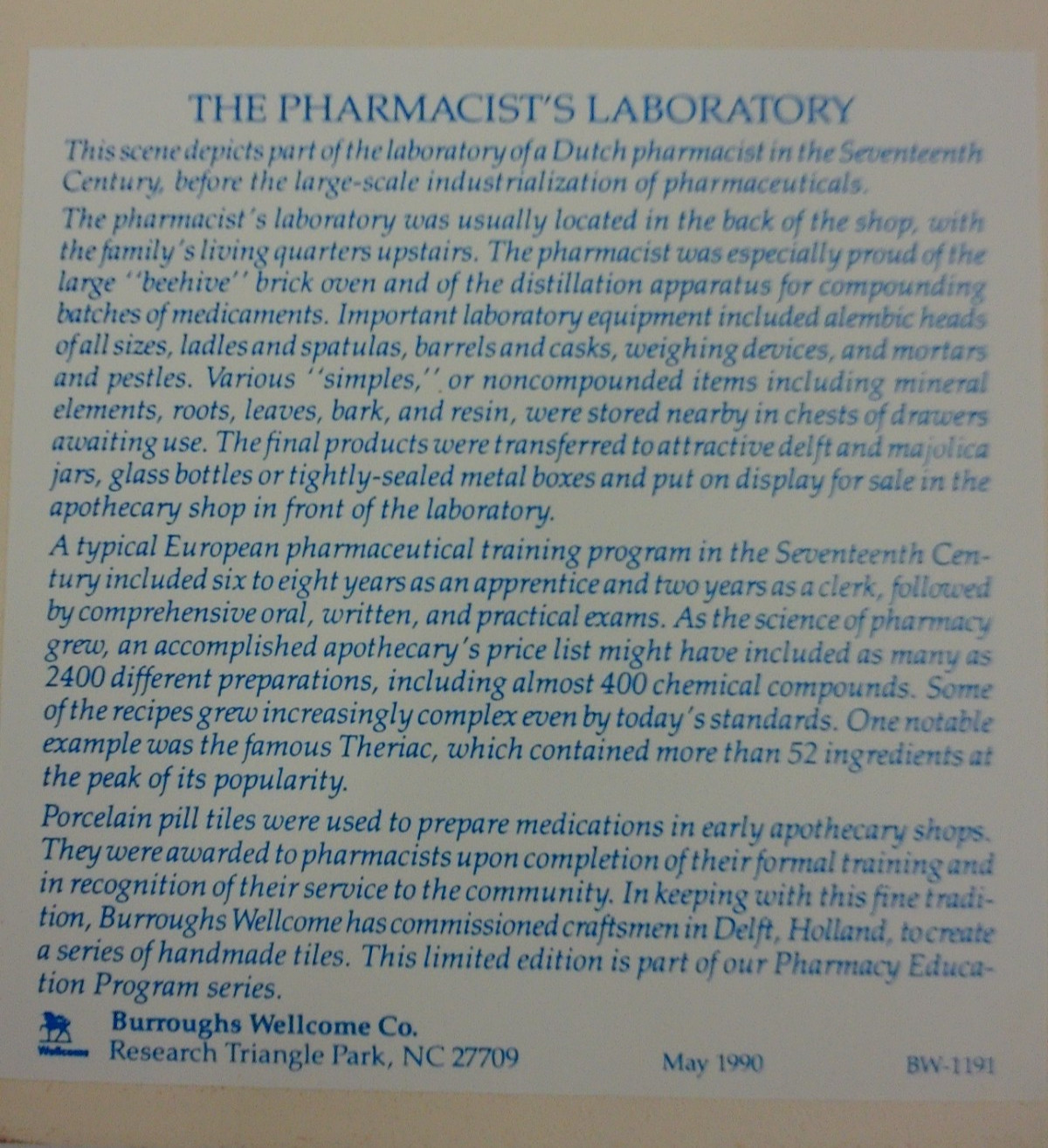 Burroughs Wellcome Delft Holland Ceramic Pharmacy Pill Tile Laboratory 1990 #18