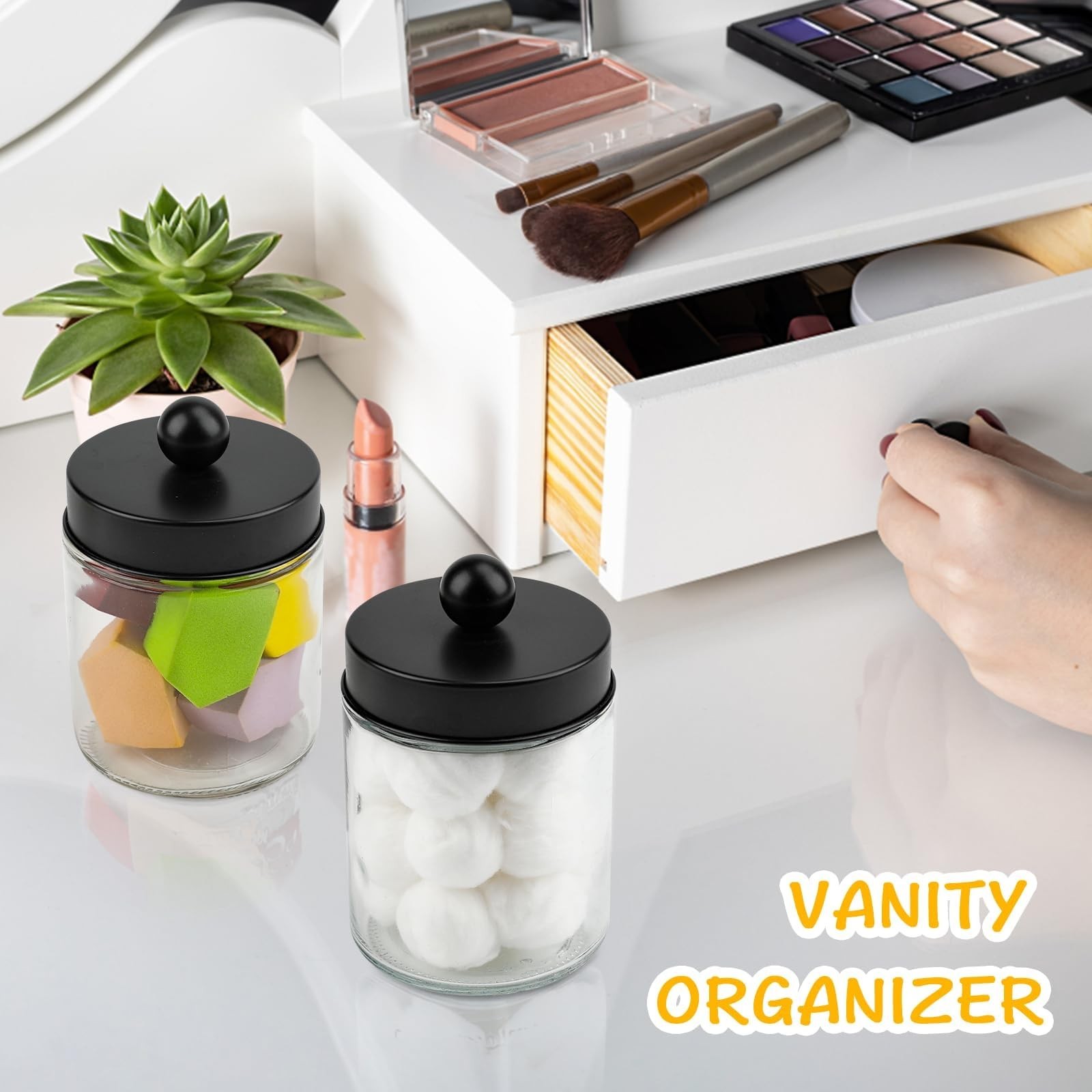2 Pack Glass Apothecary Jars with Lids for Bathroom, Cute Qtip Holder, Black …