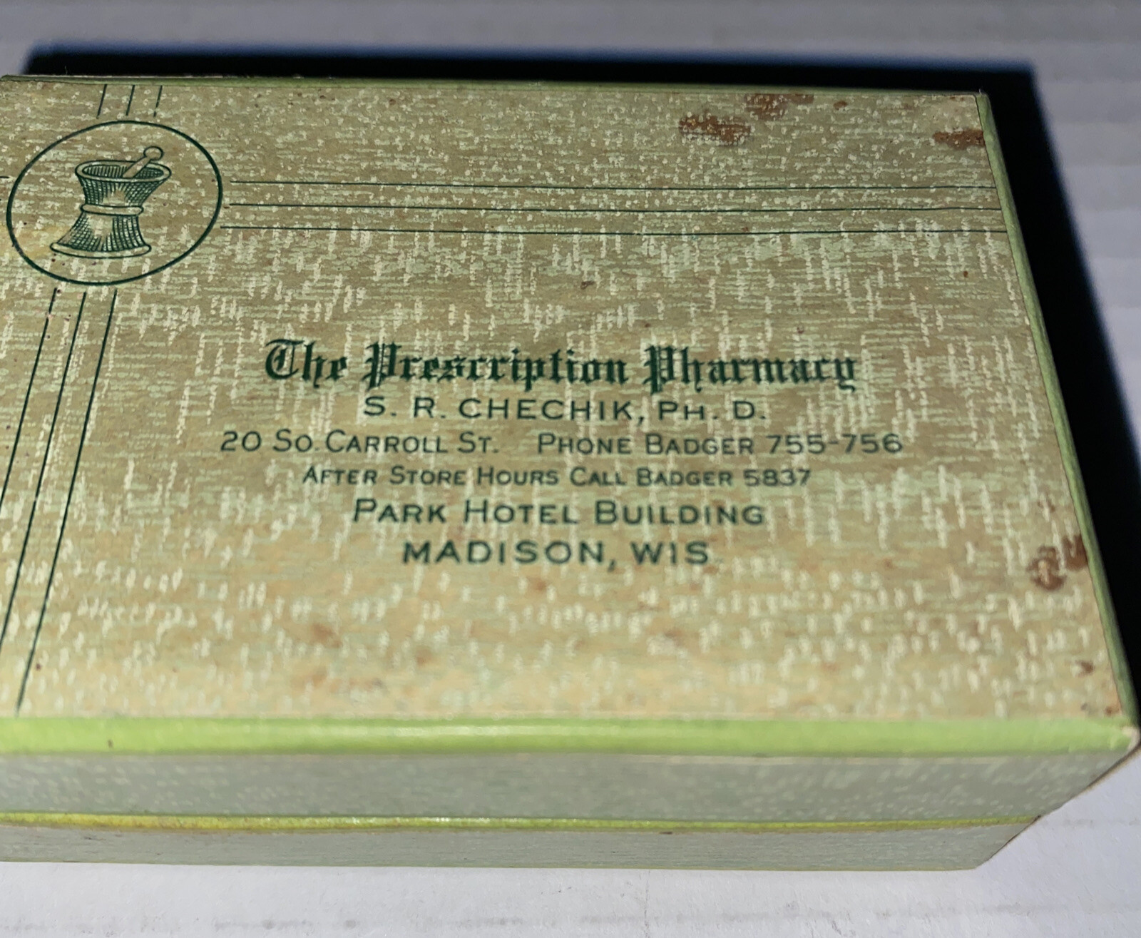 Vintage 1960s Prescription Pharmacy EMPTY Box Madison WI Chechik Park Hotel Prop