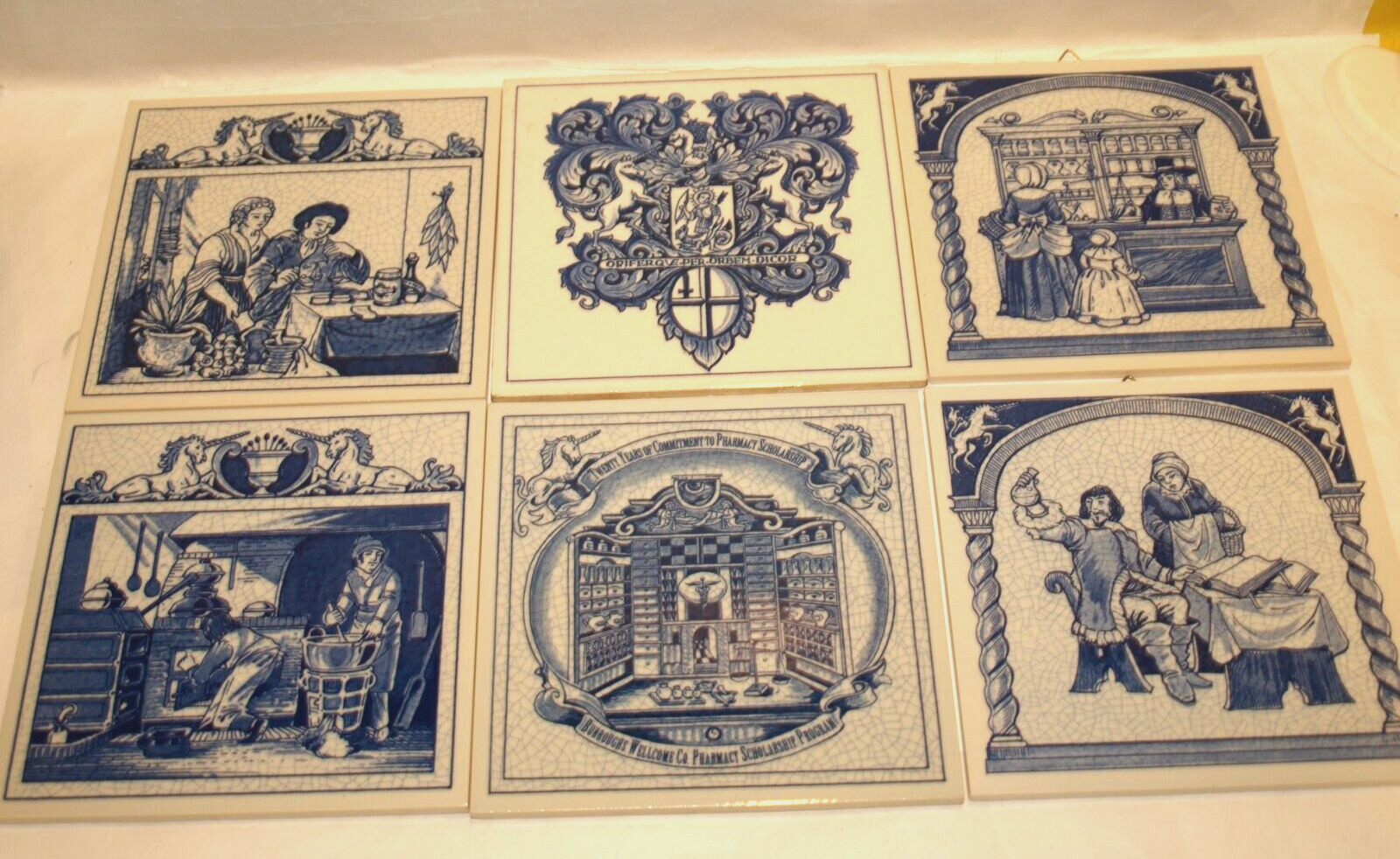 BURROUGHS WELLCOME BLUE DELFT HOMEMADE HOLLAND PHARMACY PILL TILE LOT OF 6, EXC