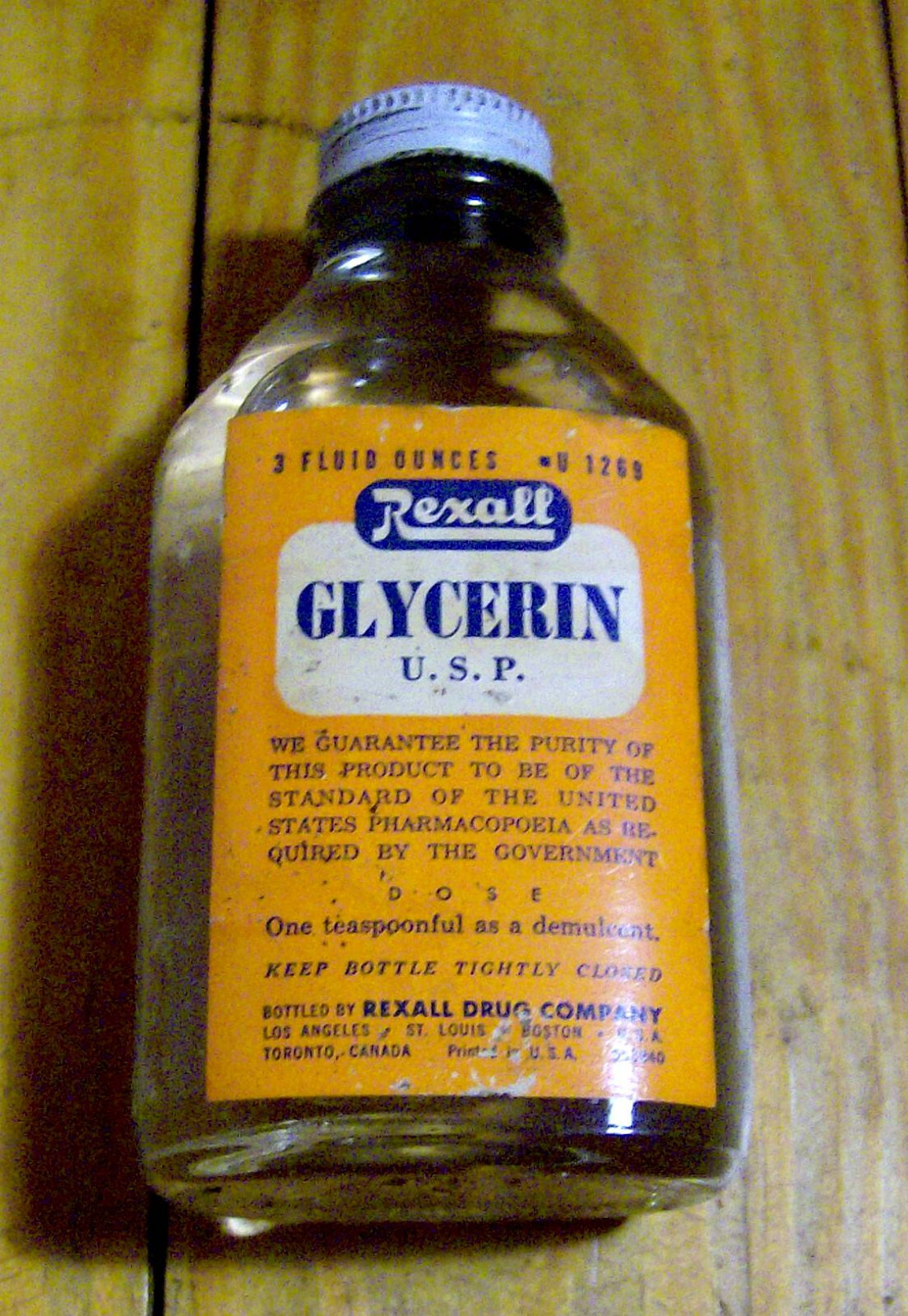 RARE vintage 1950s REXALL PHARMACY glass Glycerin bottle MEDICAL pharmaceutical