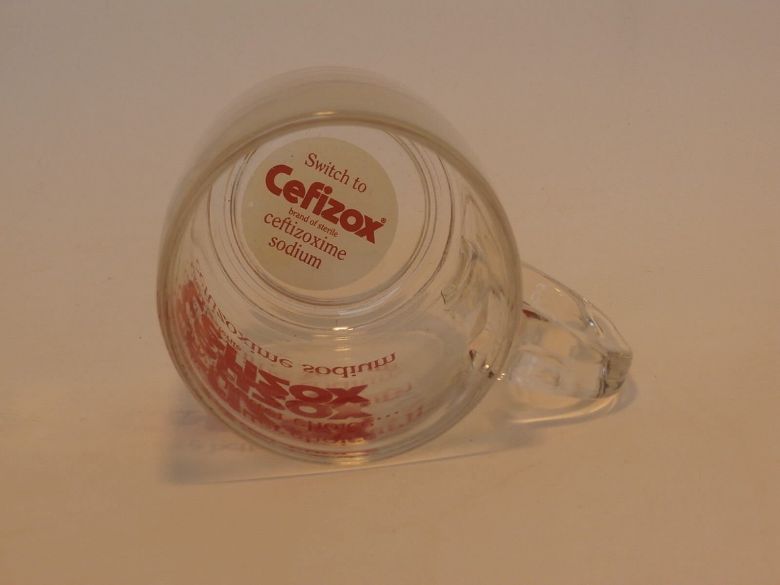 Pharmaceutical Drug Rep Clear Glass w/ Red Letters Coffee Cup CEFIZOX Antibiotic