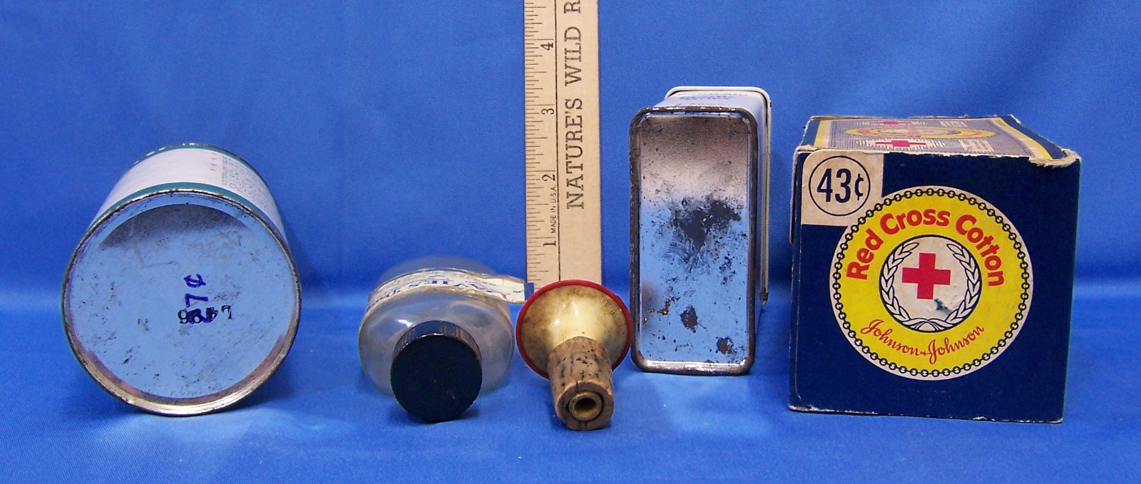 Vintage Lot 5 Medicine Containers Sassafras Band Aid Red Cross Cotton Spout Pour