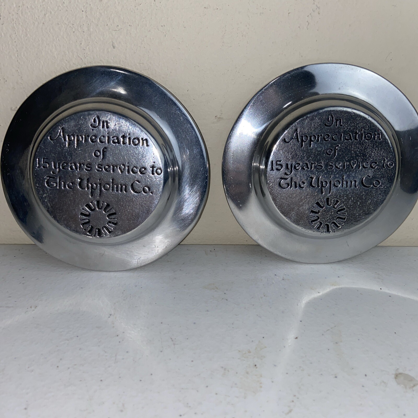The Upjohn Company 15 Year Pewter Service Award Engraved Trinket Dish Set Of 2