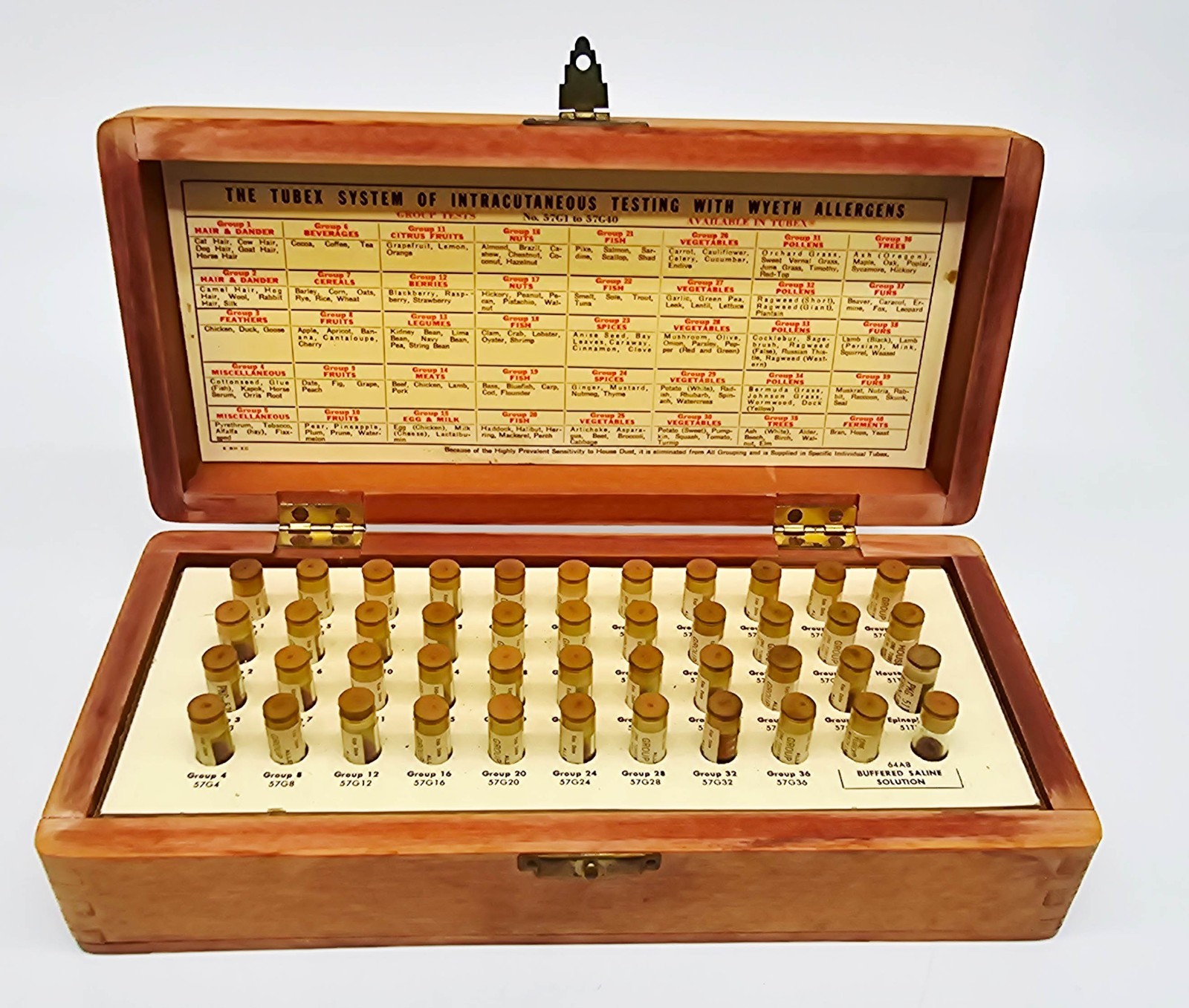 Wyeth Allergy Test Kit Vintage Extracts 1955 Intracutaneous Wood Box + 44 Vials