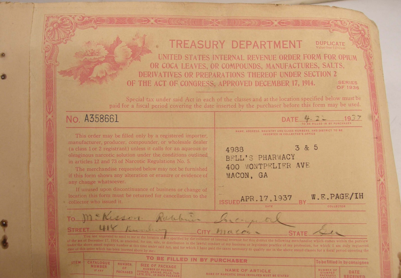 VINTAGE 1936 US TREASURY DEPT REVENUE FORM COCA LEAVES OR OPIUM MACON GEORGIA