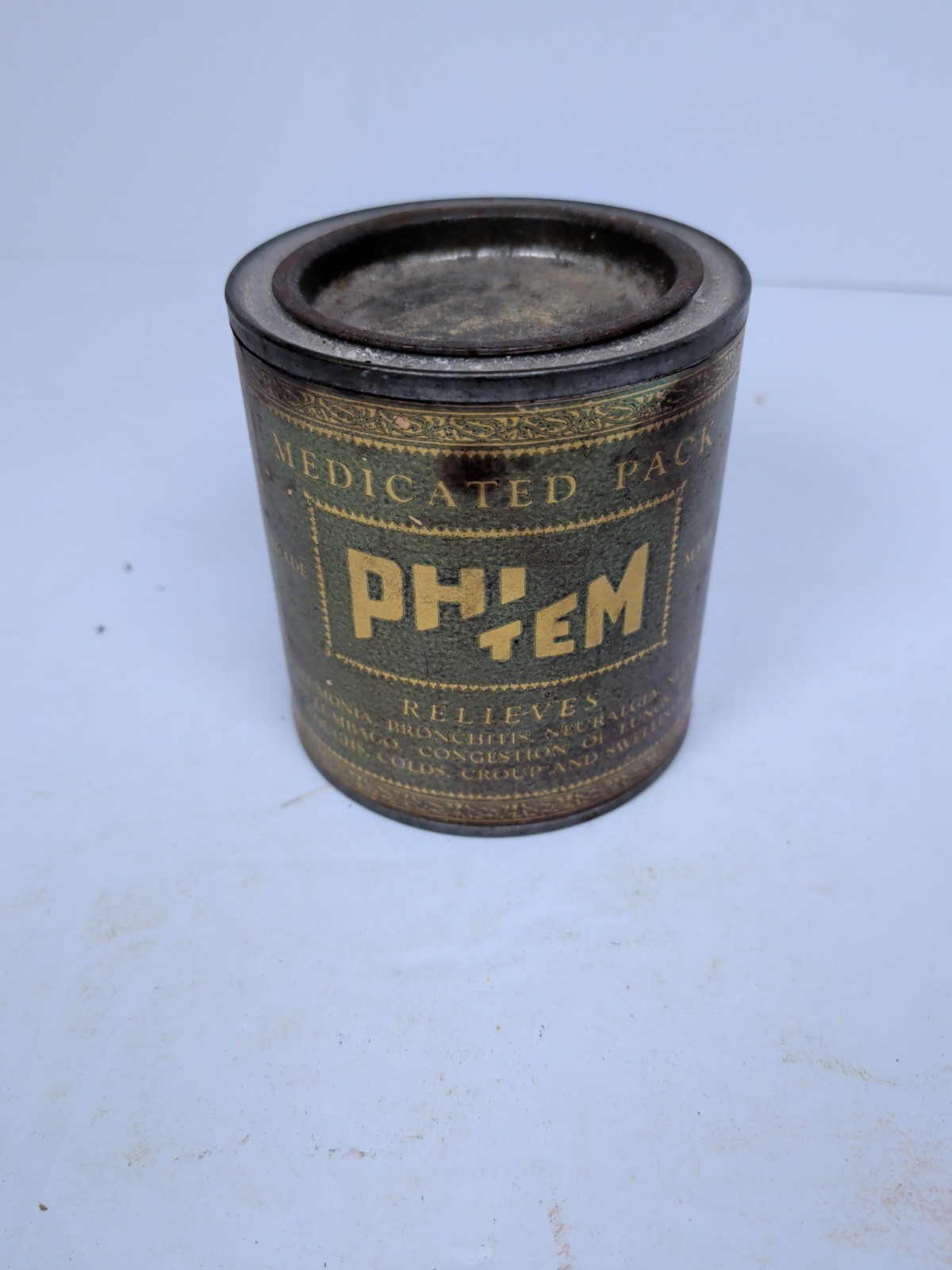 Phi-Tem Vintage Container APOTHECARY RARE tin Medical Coughs 1930s Cure USA