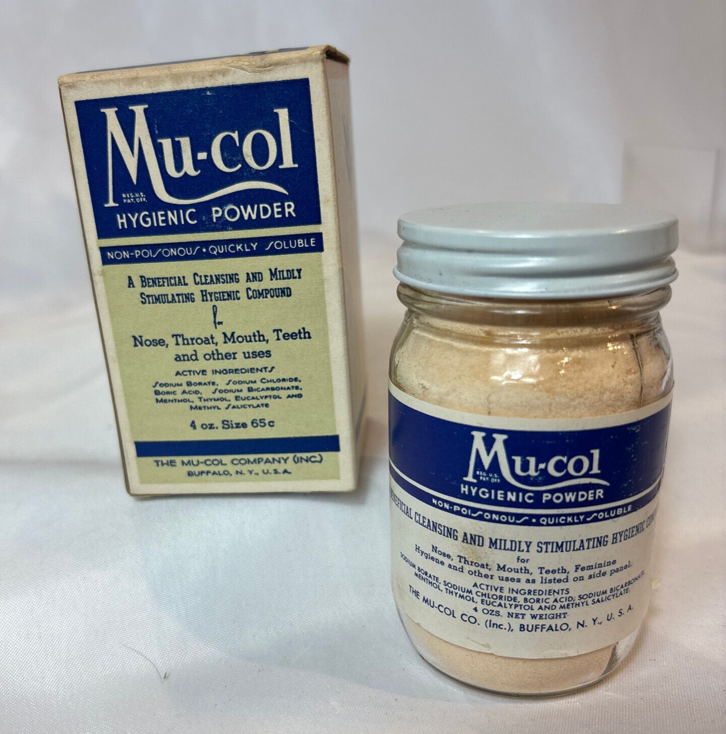 Vtg Mu-Col Hygenic Powder 4 Oz. Clear Glass Jar In Box Cleansing Compound
