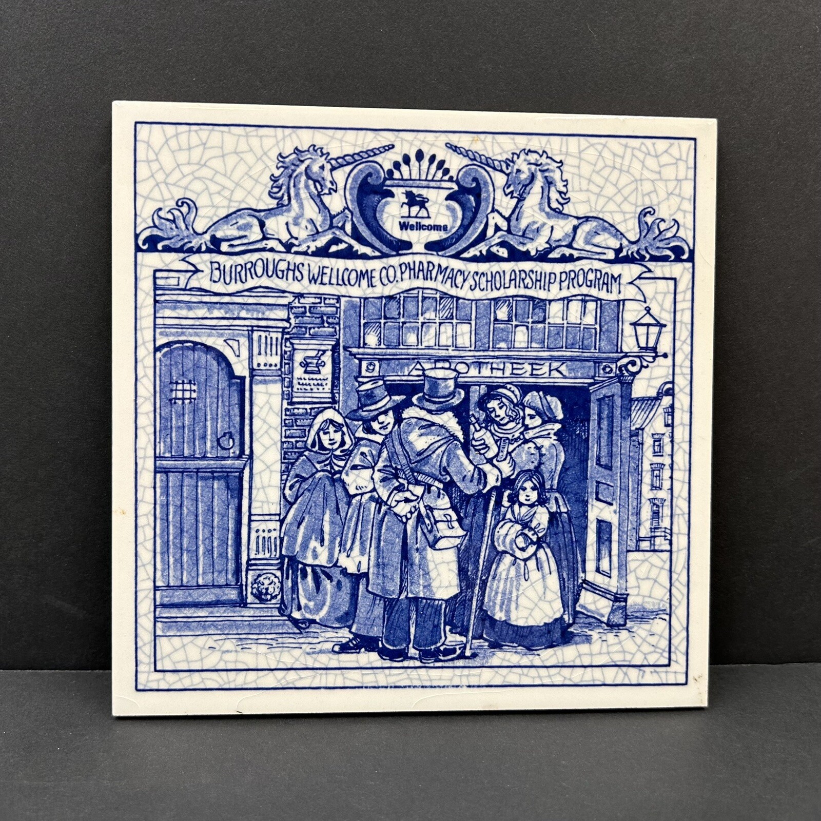 Vintage Blue Delfts Tile Burroughs Wellcome Co Pharmacy Scholarship Program