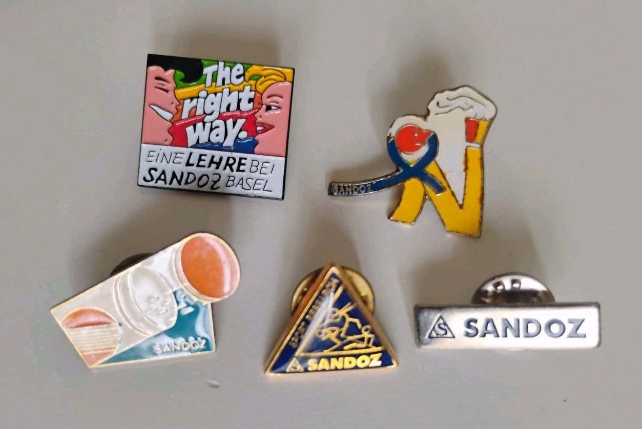 5x SANDOZ Pharmaceutical pin badges lot LSD Albert Hofmann