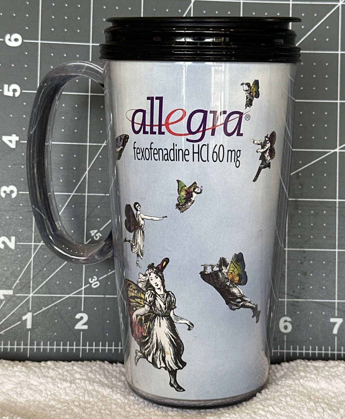 Allegra 16 Oz Travel Mug Fexofenadine Artsy Pharmaceutical Drug Rep Promo Cup