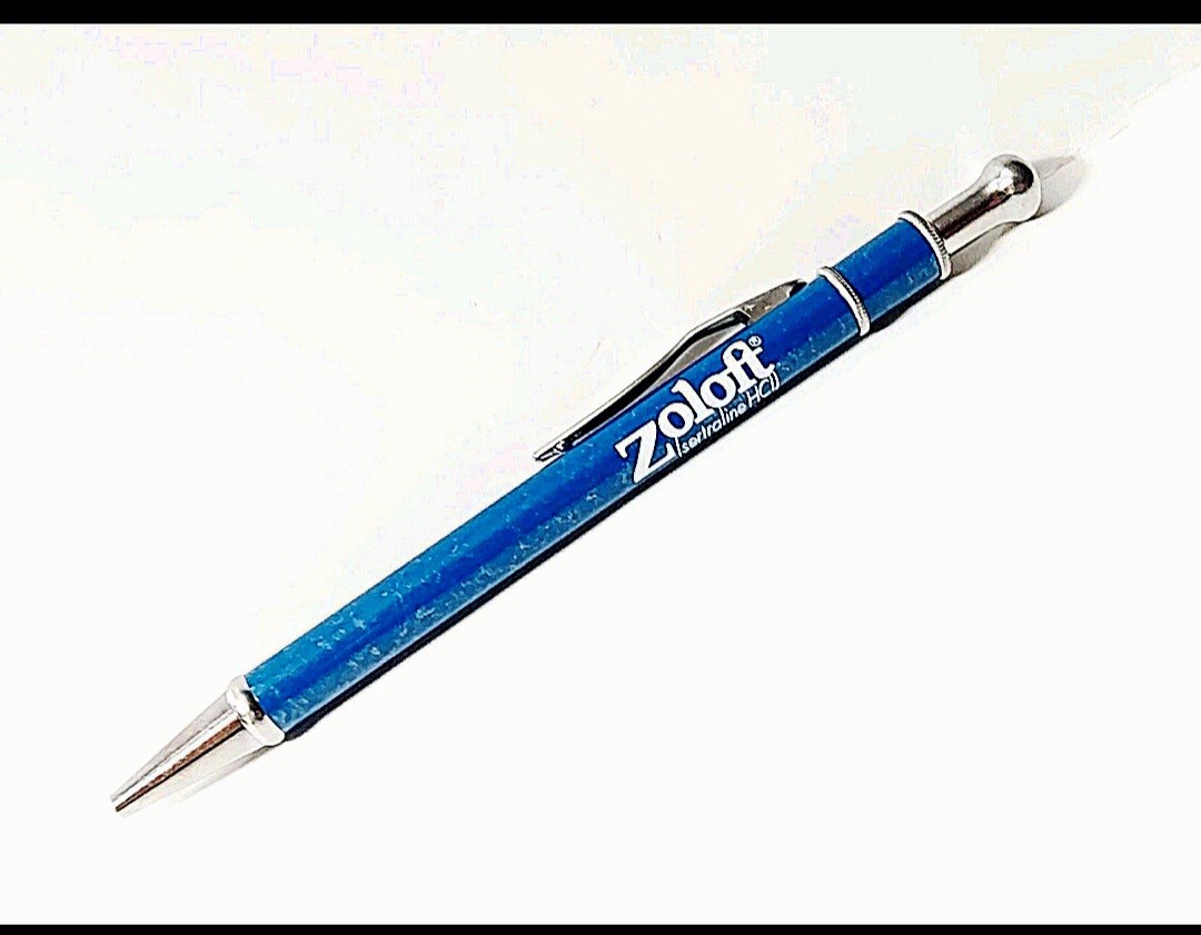 Vintage Pfizer Zoloft Marbled Blue Metal Click Ballpoint Pen Drug Rep Pharmacy