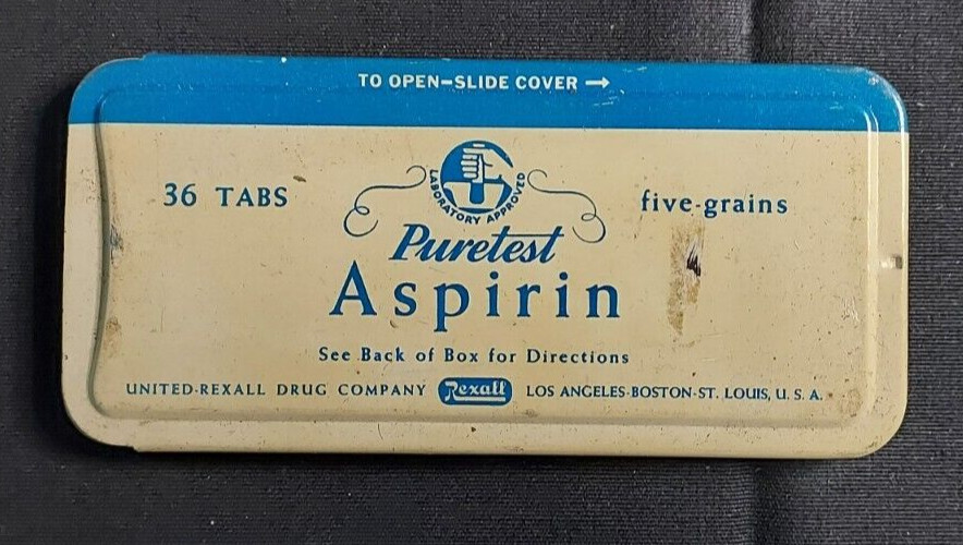 Old EMPTY Advertising Puretest Aspirin United Rexall Drug Co Los Angeles Boston