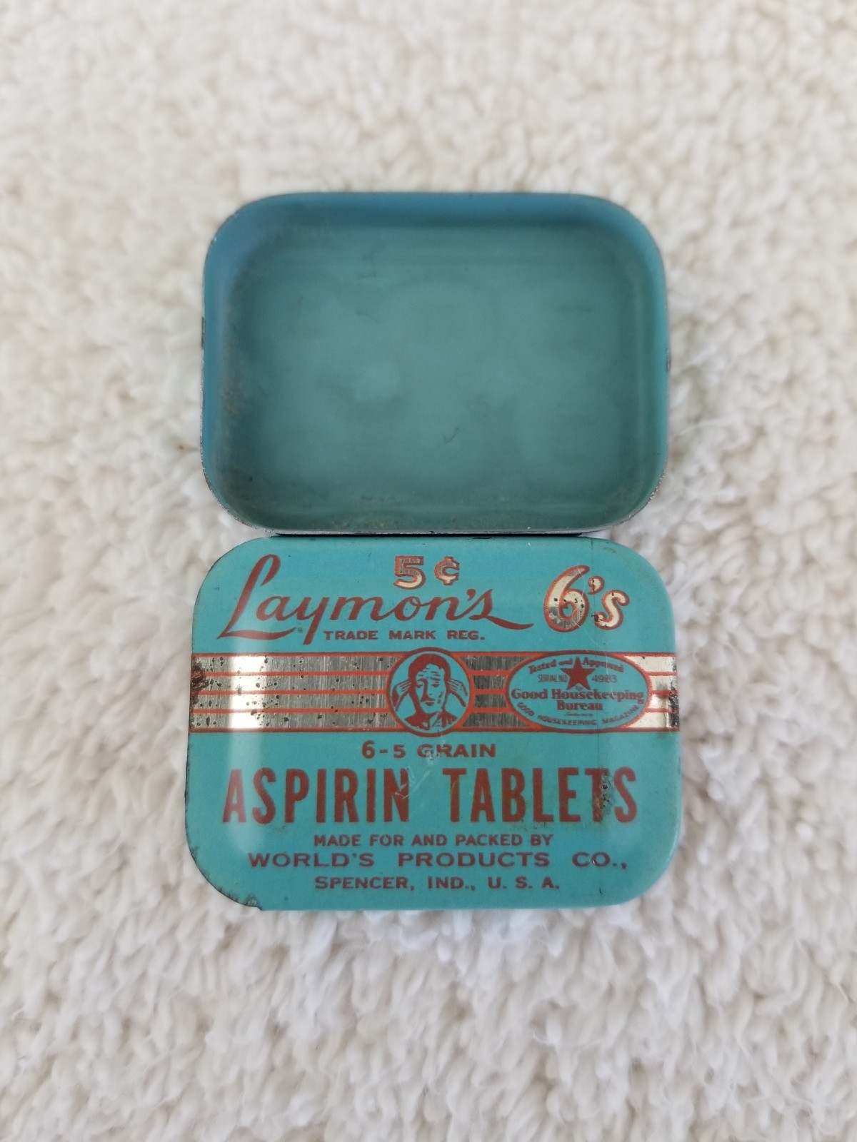 Vintage Aspirin Tin Lot:Yellow Anacin tin & Laymon’s 5¢ Tin World’s Products Co