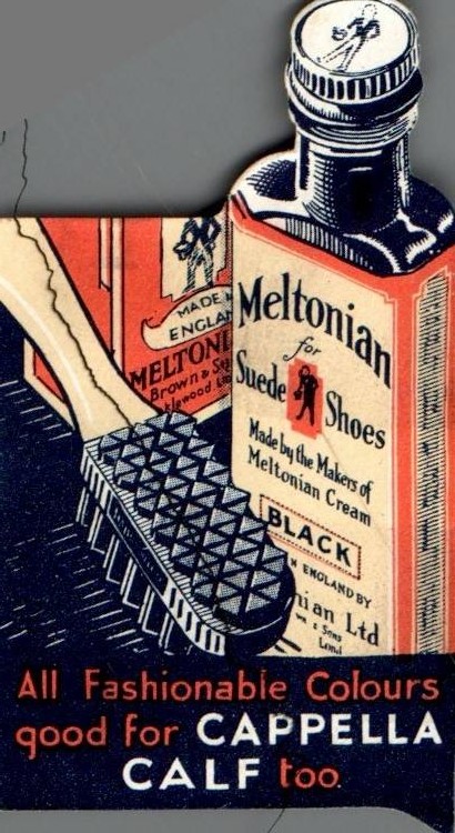 VINTAGE MELTONIAN SHOE POLISH BLACK SUEDE SHOES CREAM ADVERT ENGLAND ALL COLOURS