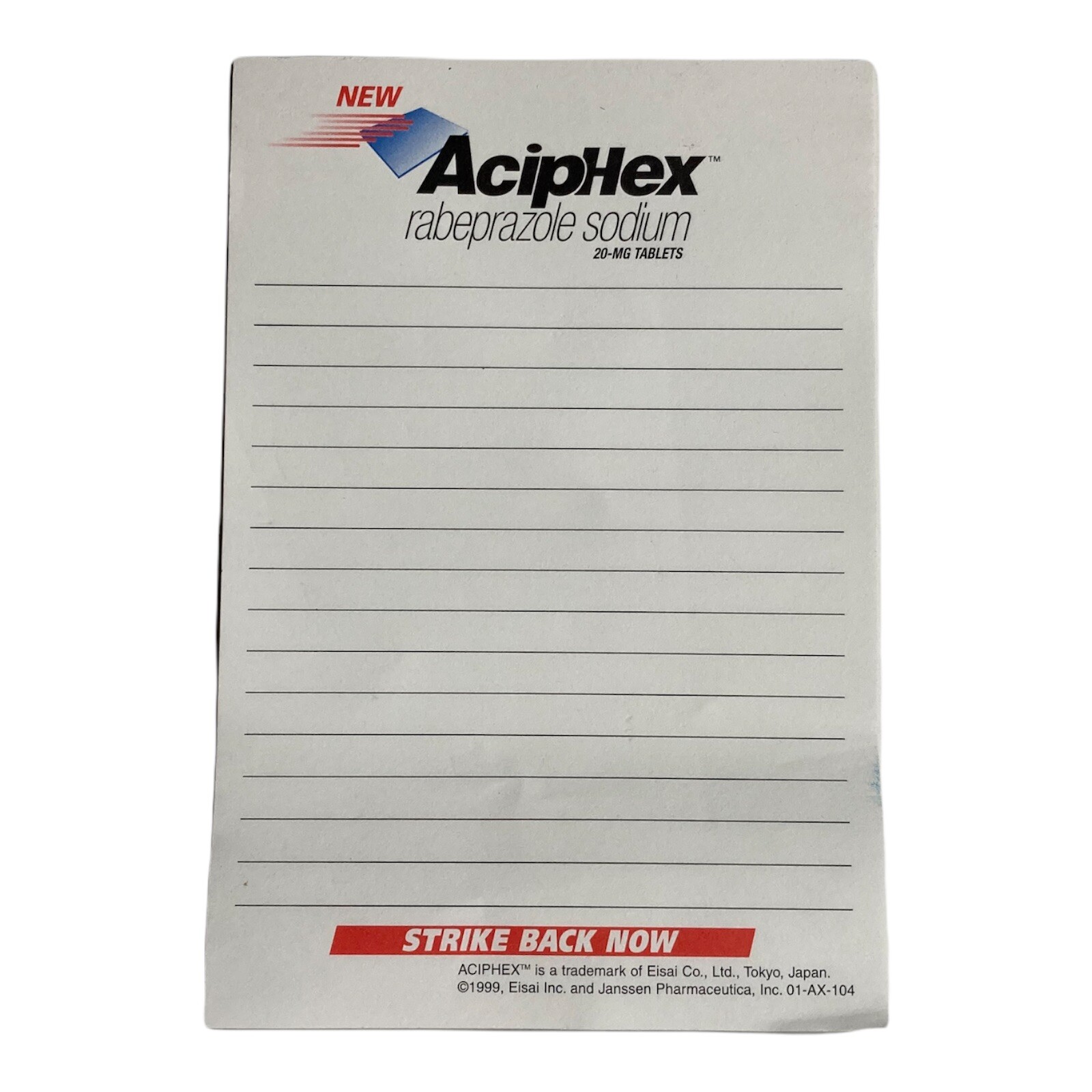 Vintage Aciphex Pharmaceutical Drug Rep Promo Advertising Post It Note Pad 4×6”