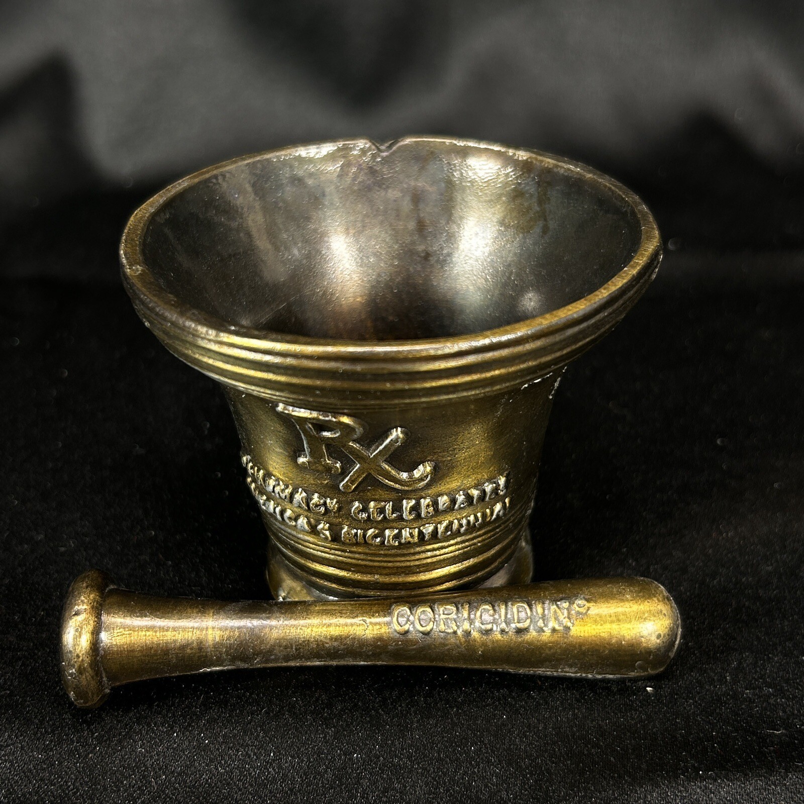 Vintage 1976 Bicentennial Celebration Brass Mortar & Pestle Rx Pharmacy