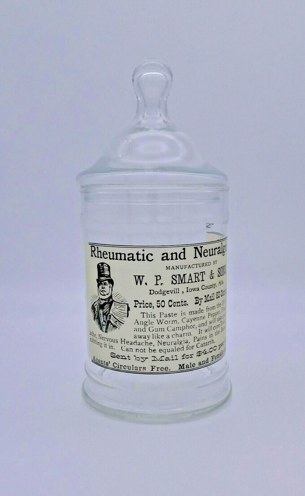 Vintage W.P. SMART & SONS Paste Medicine Glass Apothecary Jar Circus Tent Lid 8″