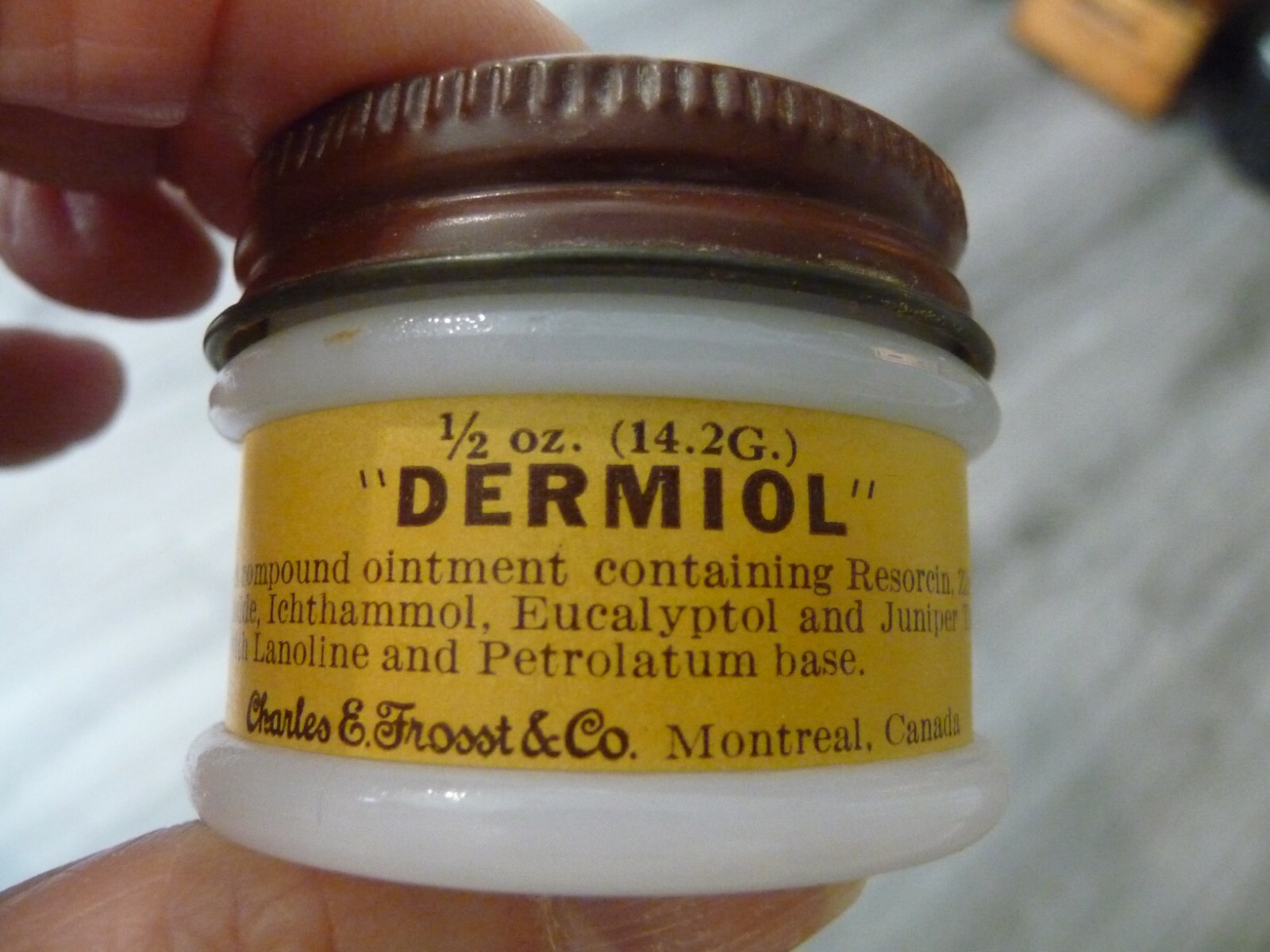 MILK GLASS CHARLES & FROSST & CO DERMIOL CREAM