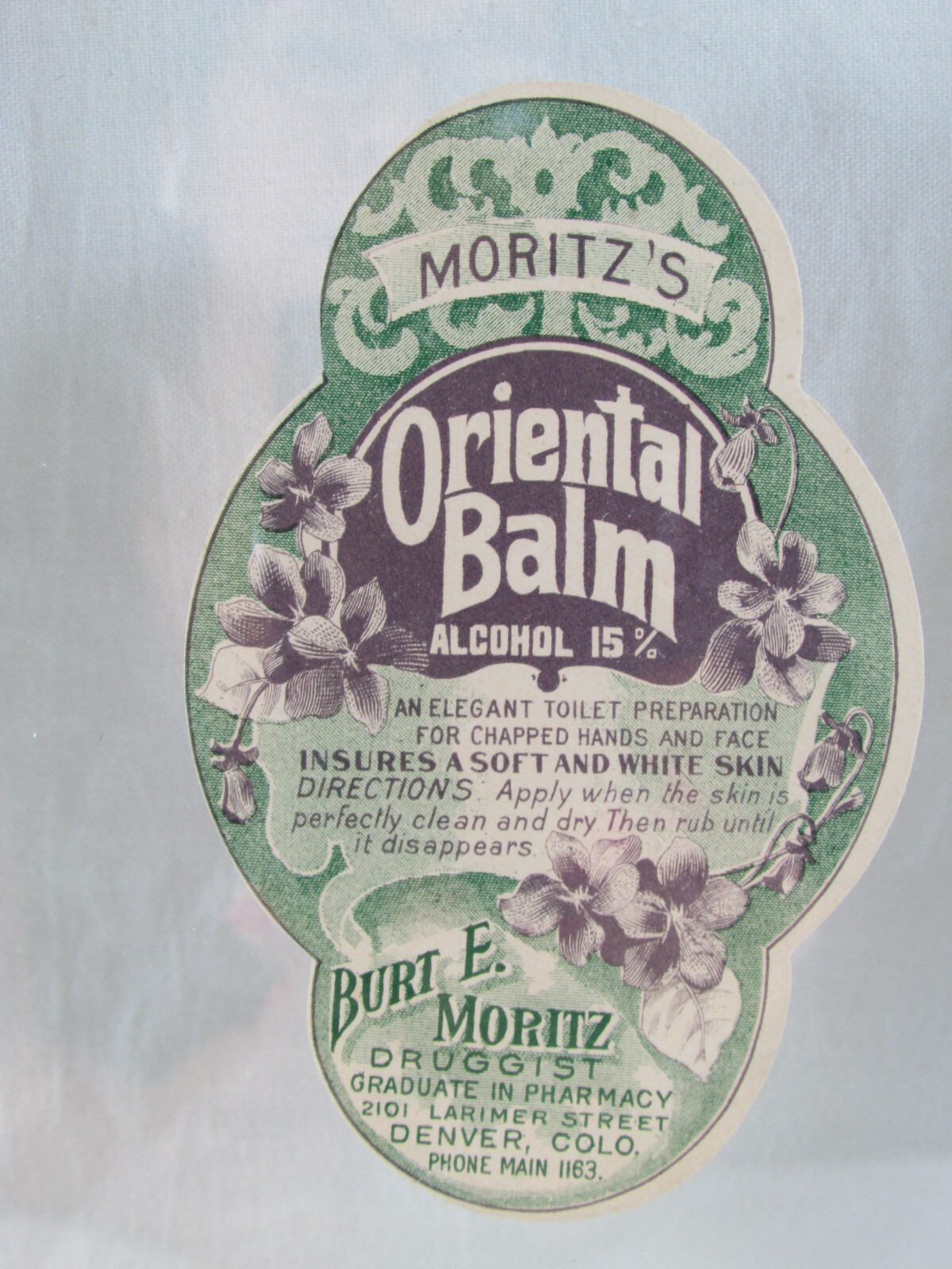 Vintage Burt E. Moritz Druggist -Oriental Balm, Rose Water Bottle Labels & Frame