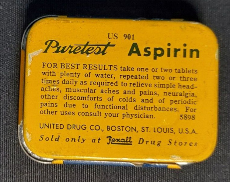 Old Empty Advertising Medicine Tin Puretest Aspirin Rexall United Drug Co Boston