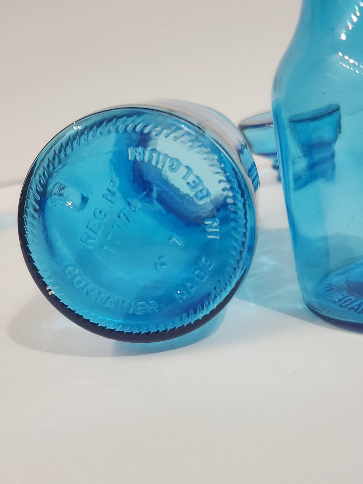 Vtg Set 2 Blue Glass Apothecary Jar Bottle Bubble Lid Belgium Gold Vio-Bec *Q