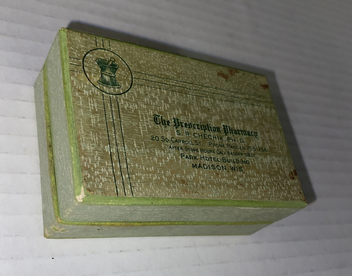 Vintage 1960s Prescription Pharmacy EMPTY Box Madison WI Chechik Park Hotel Prop